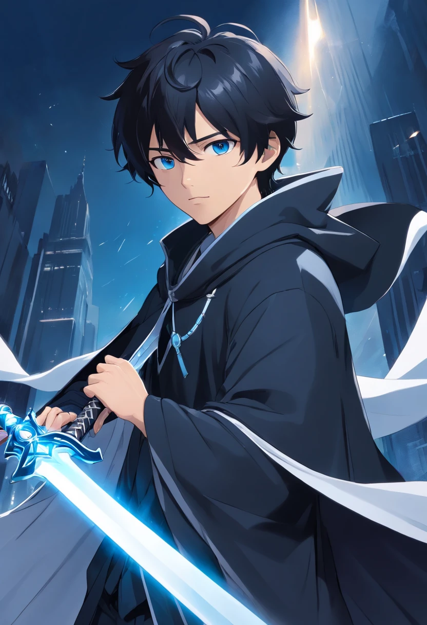 A young man with black hair and different eyes，Dressed in black，Draped in a white cloak with blue details，Holding A black sword in his hand，