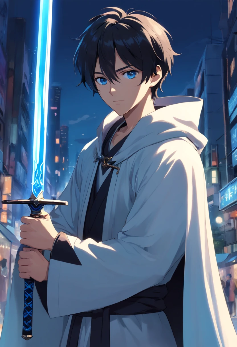 A young man with black hair and different eyes,Dressed in black,Draped in a white cloak with blue details,Holding A black sword in his hand,