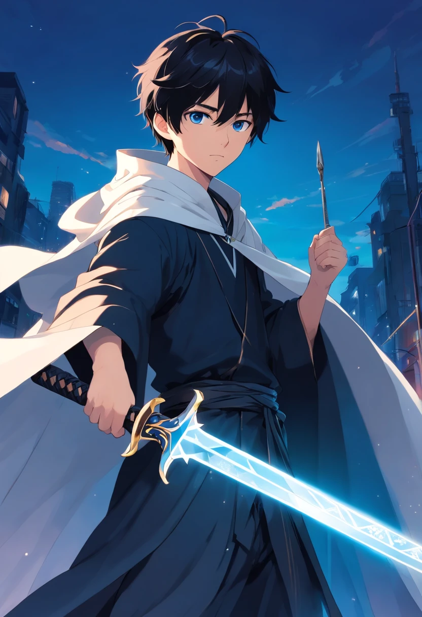 A young man with black hair and different eyes,Dressed in black,Draped in a white cloak with blue details,Holding A black sword in his hand,
