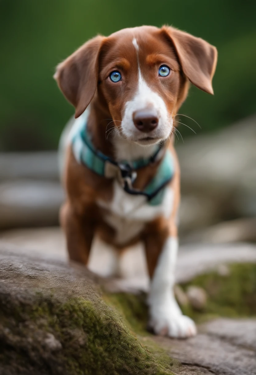 Female sausage with blue and green heterochromia, brown and white coat