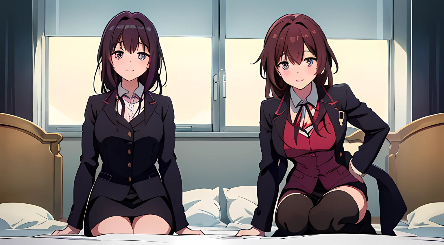 2 girls with different profession, one of them is business woman, and the other is a doctor with stethoscope on her neck, long hair, lay on bed, shy, blush on their face, teasing at the camera, camera angle from bottom, looking at viewers, full body, best quality, masterpiece