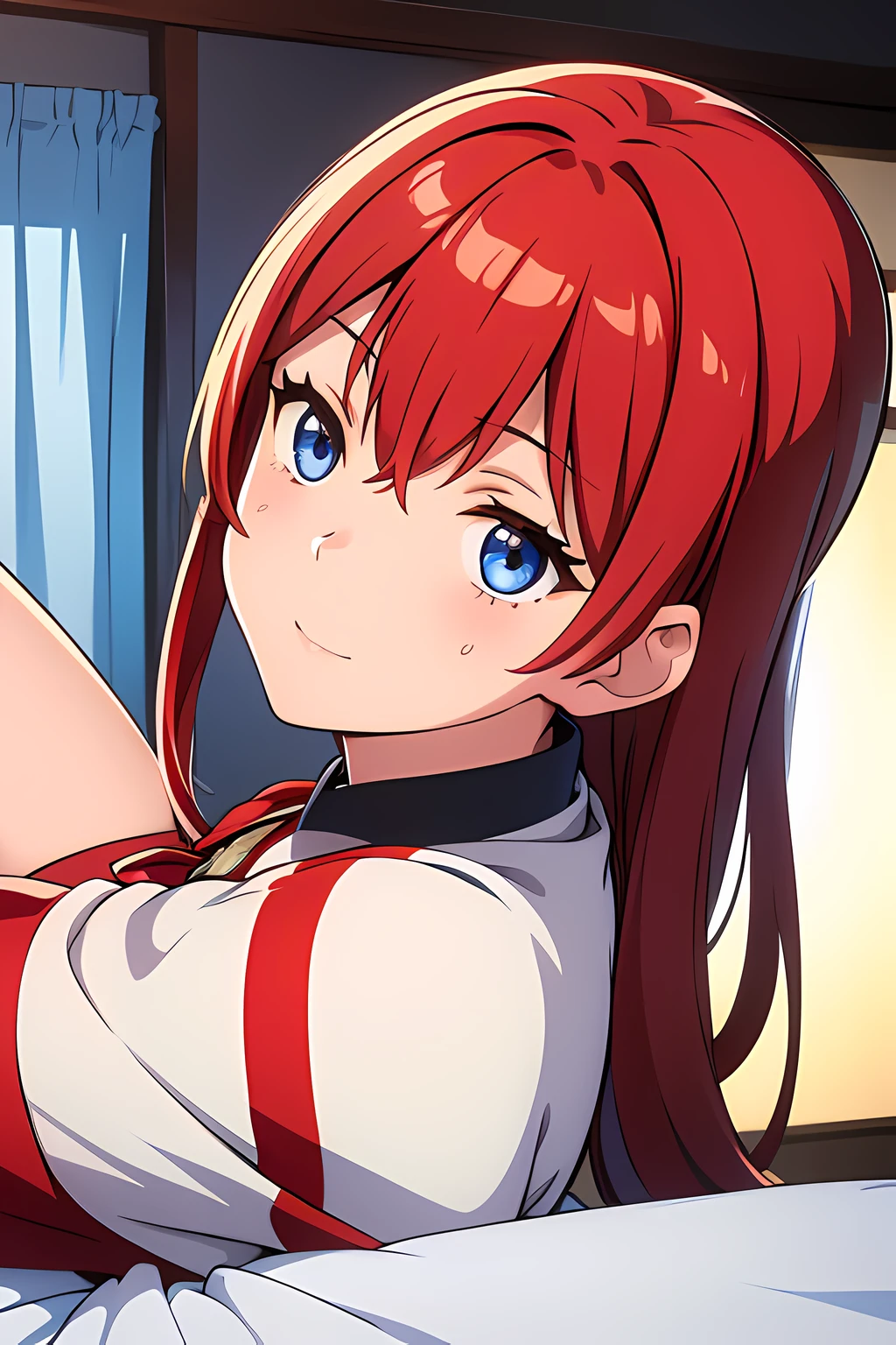 (1girl in),(beautiful eyes finely detailed, Face to detail, multi colored hair (red and white)), wearing uniform, flying down her back in bed, tsundere facial expression, looking at viewers, camera angle from front, full body, masterpiece sidelighting, ​masterpiece, top-quality, detailed, High resolution illustration