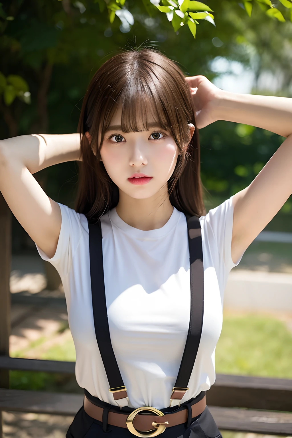 masterpiece、flat-colors、depth of fields、lens flare 1 girl、、Brown hair、watching at viewers a belt black suspenders Puffy breasts Armpit sweat perspiring Side of both hands walls: Black pants, Gaze Small face Bangs Upper Eyes Aside Cutter Shirt big breasts