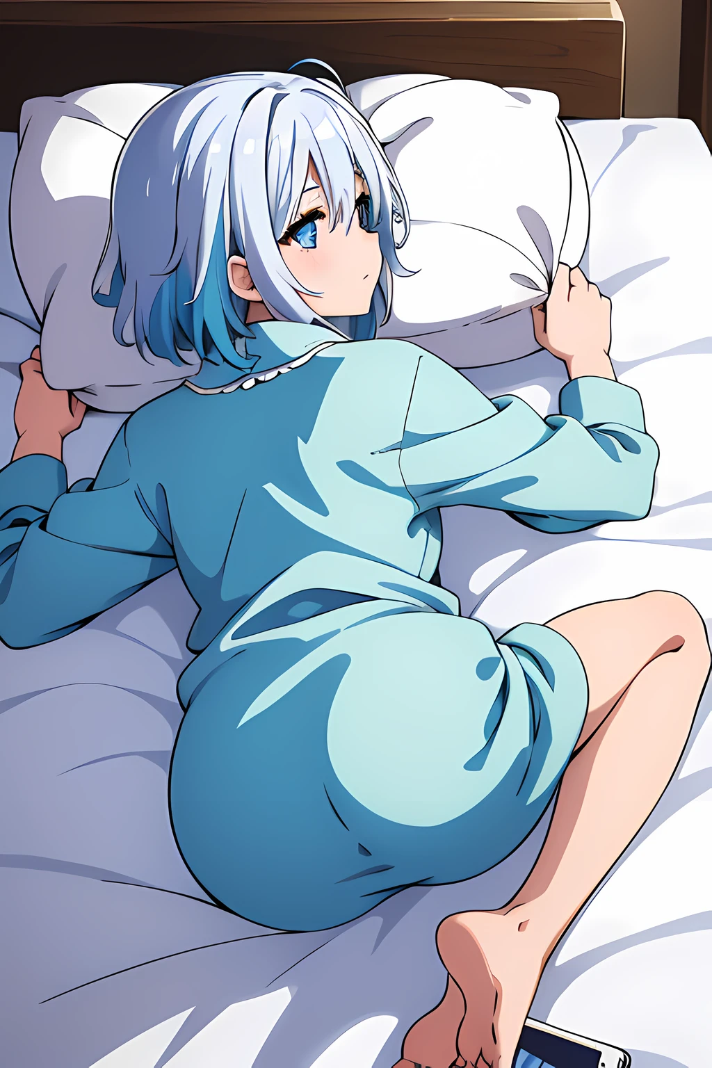 (1girl in),(beautiful eyes finely detailed, Face to detail, multi colored hair (white and blue)), furina, wearing pajamas, facing away from the camera, backside, lying on bed with doggy style sex position, her body covered with blanket, bedroom, camera angle from behind, full body, masterpiece sidelighting, ​masterpiece, top-quality, detailed, High resolution illustration