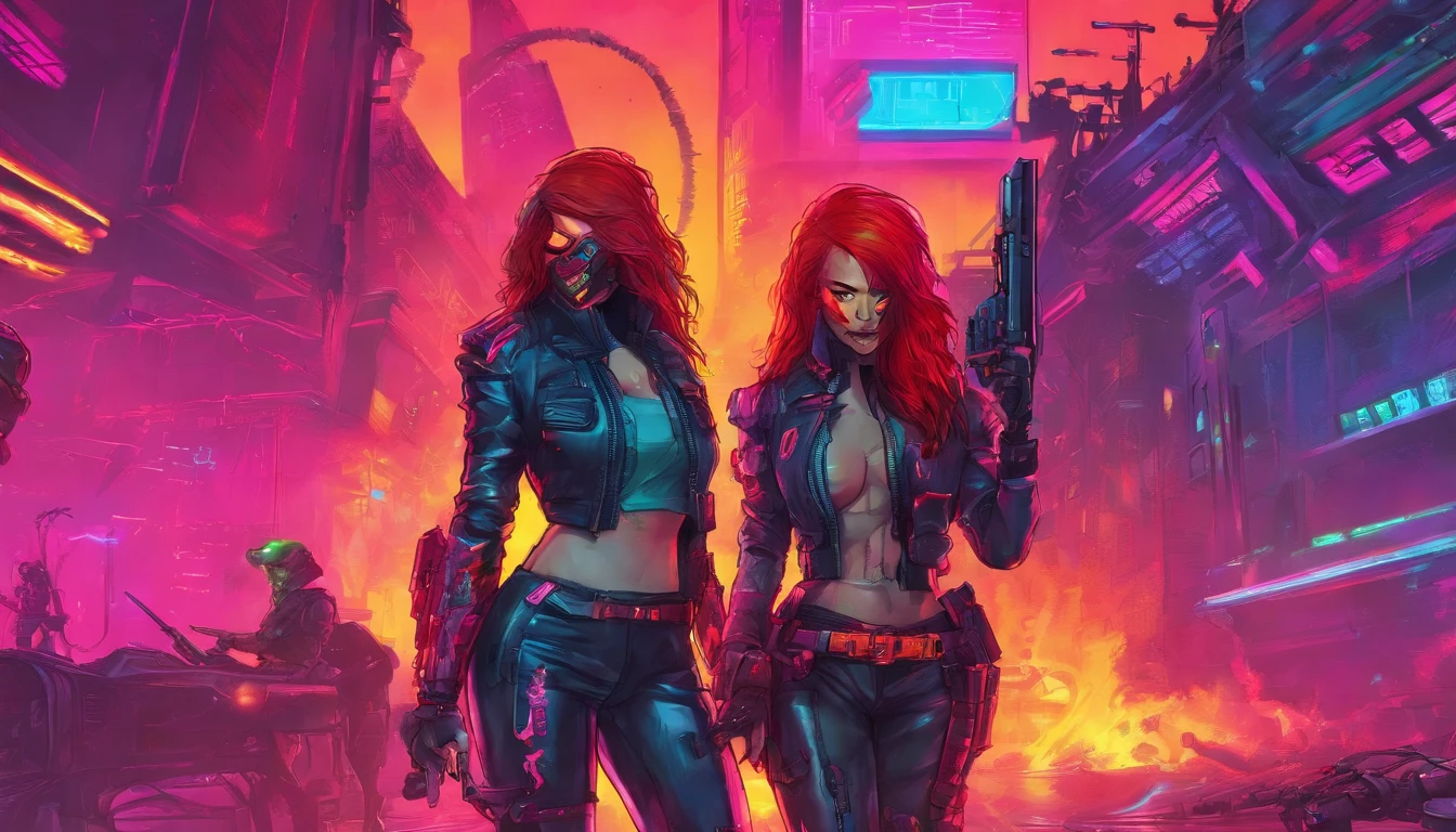 Doomsday cavalry females have long red hair, Mexican white wine, Black and gray suit, No helmets and guns, full bodyesbian, Fire scene