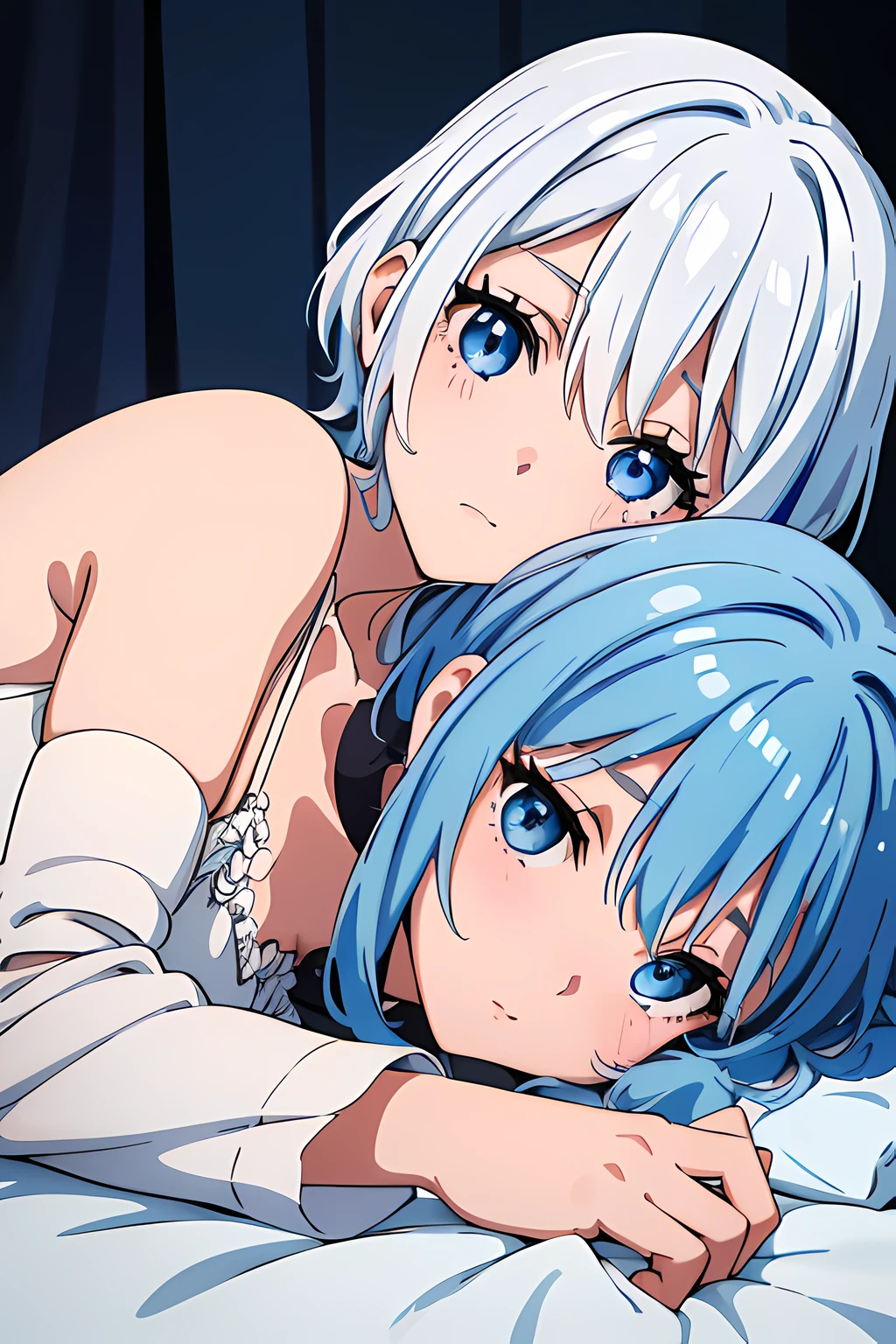 (1girl in),(beautiful eyes finely detailed, Face to detail, multi colored hair (white and blue)), furina, wearing pajamas, lying down her back in bed, horny and shy facial expression, looking at viewers, camera angle from front, full body, masterpiece sidelighting, ​masterpiece, top-quality, detailed, High resolution illustration