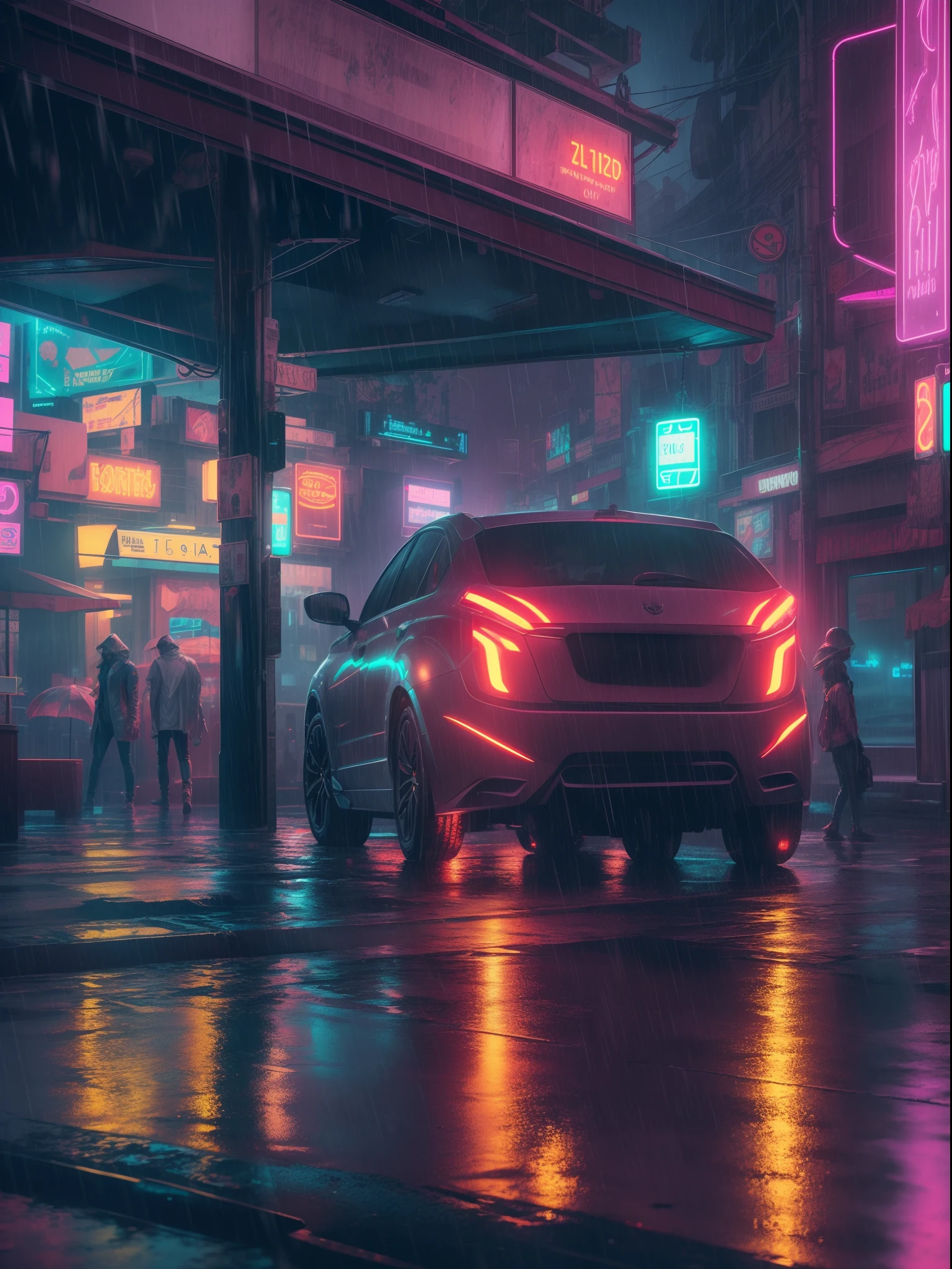 A midnight heavy raining, wet streets, cyberpunk neon city, glowing effects, best quality, masterpiece, cinematic lights, 8K resolution, extremely detailed portrait