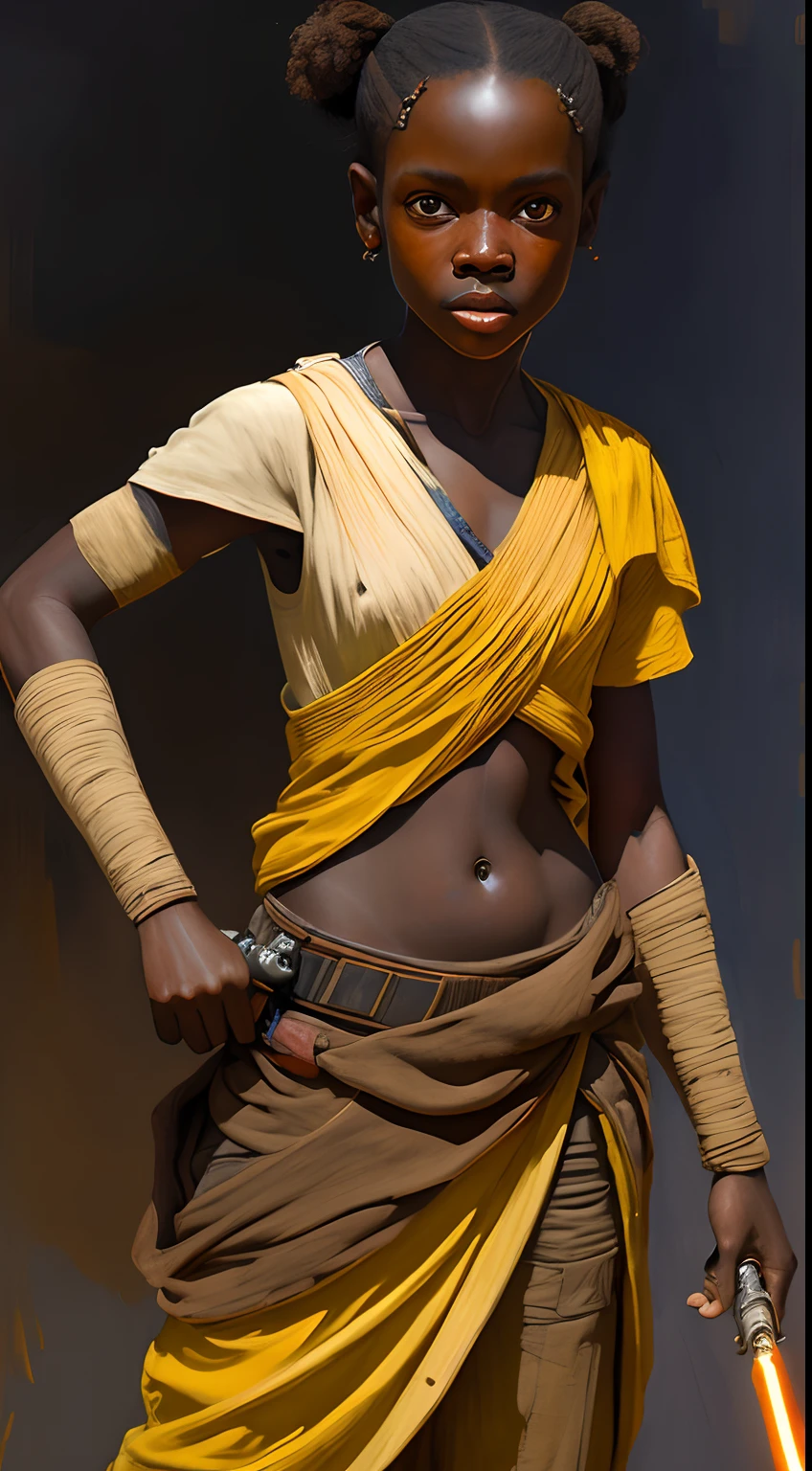 star wars jedi girl holding yellow torx light saber, in the style of impressionist colorism, childhood arcadias, art of the ivory coast, mashup of styles, subtle realism, strong contrast between light and dark, inventive character designs