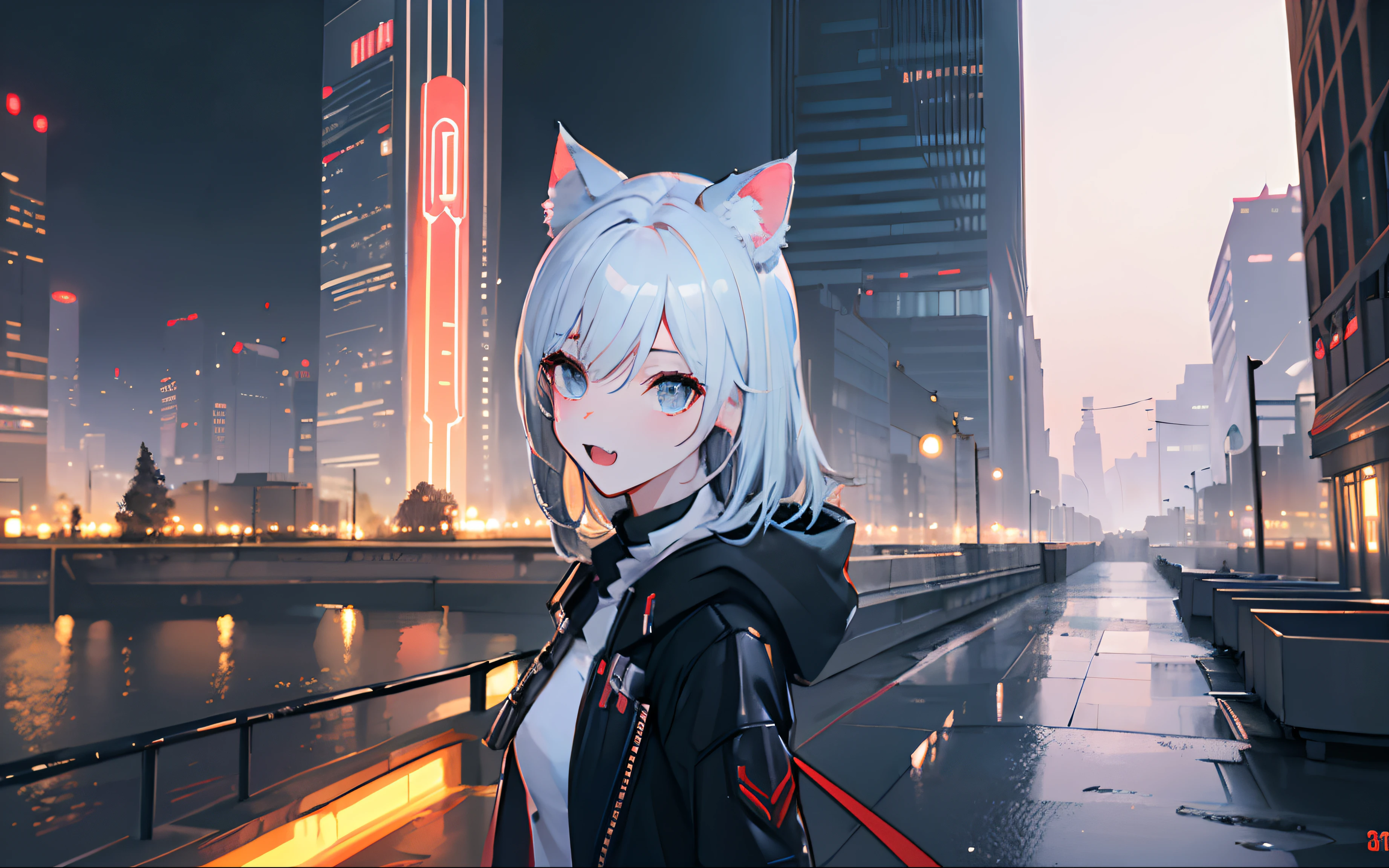 Midnight City (futuristic Tower)(HD, Realistic, 2K, HDR, High Quality, High detail) Cyberpunk, female trailblazer, (Cat ears), Black coat (with long strips), Raining, exterior, Best quality, cute face (with tiny fang) (beautiful View) View the City, (Holding claymore sword sci-fi futuristic)