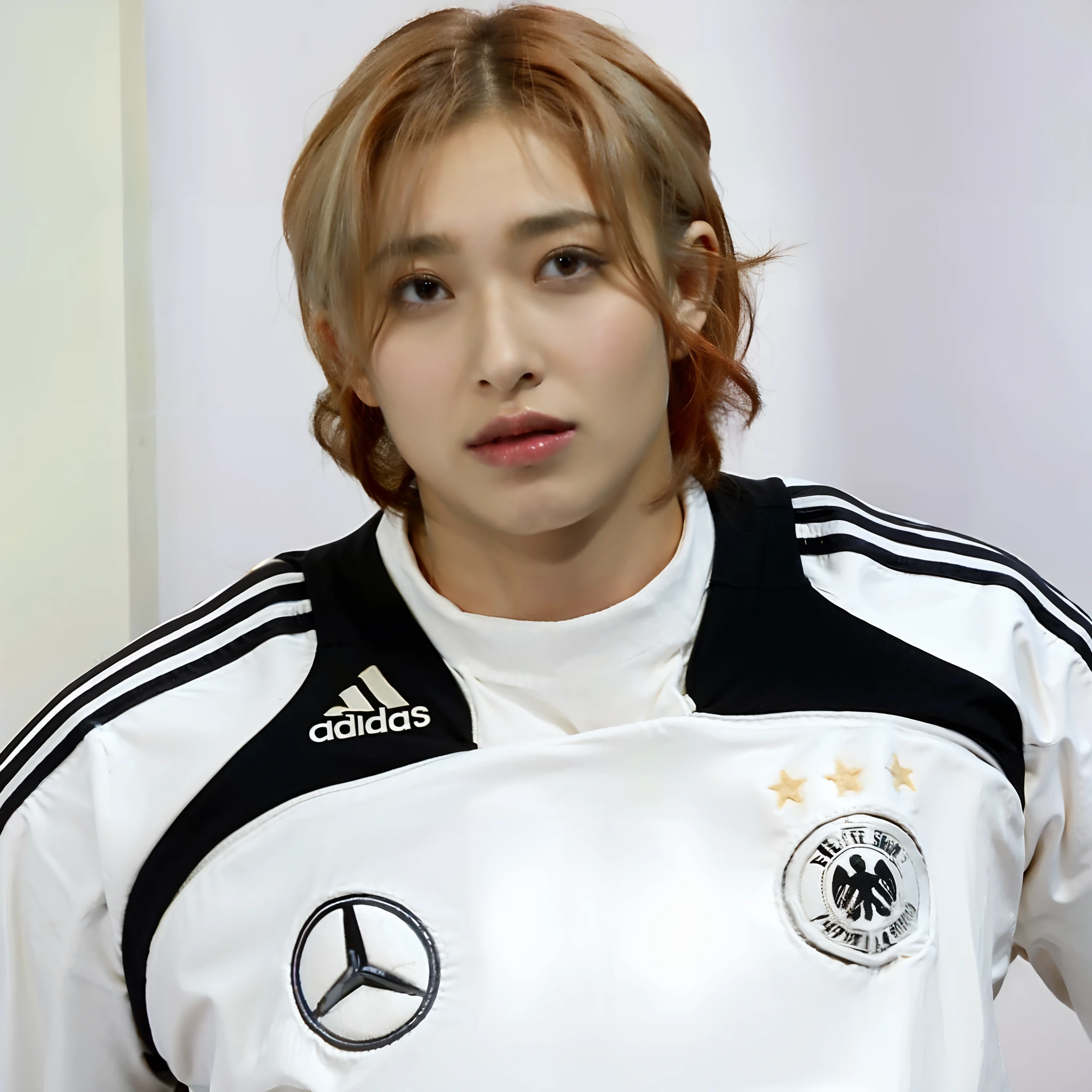 1girll,face,Undercut fades in and out,Red hair,White background,