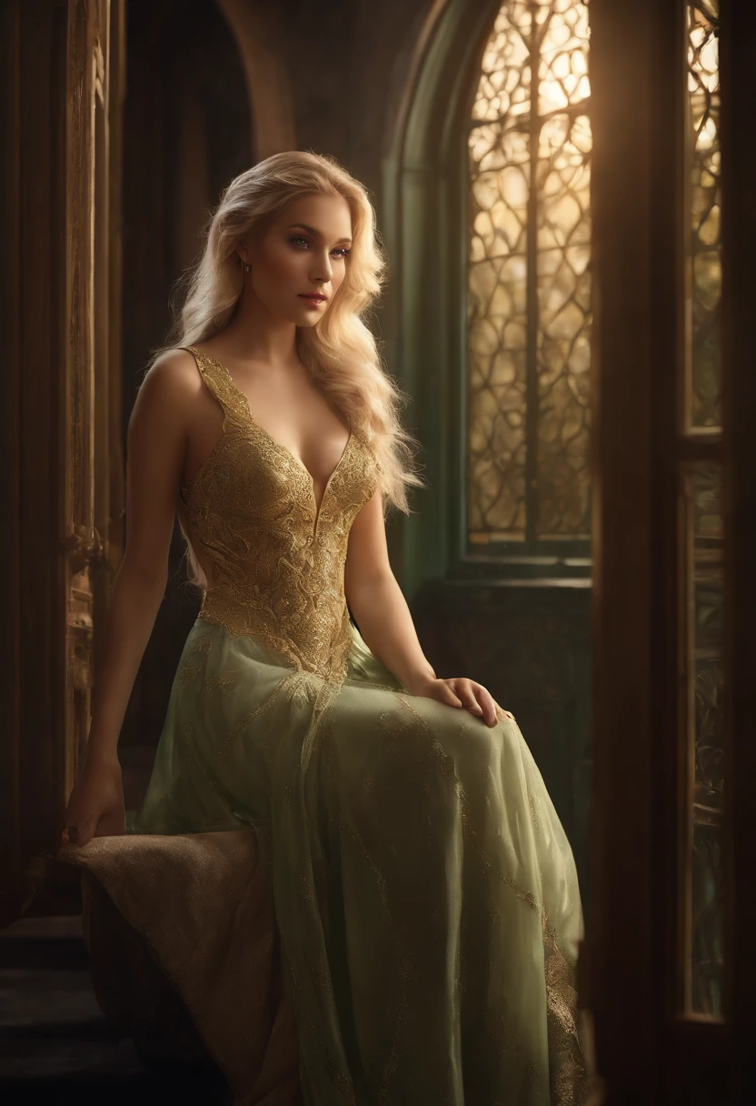 (((Masterpiece, Highest quality, High definition, High detail)))), (((fantasy))), ((Walled City)), ((Inside the inn)), (sit on chair,Look out the window))), ((People walking through the city)), One, elf woman, Short white dress,gold embroidery, Blonde hair with long straight hair, Dark green eyes, Green coat,gold embroidery, Smile, (breeze) , There are a lot of light particles floating in the room