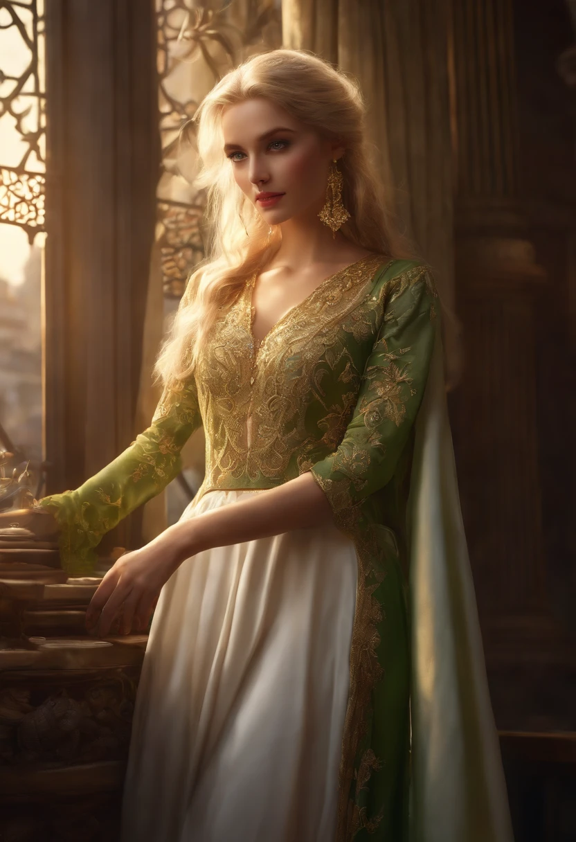 (((Masterpiece, Highest quality, High definition, High detail)))), (((fantaisie))), ((Walled city)), ((Inside the hostel)), (Sitting on a chair and looking out the window))), ((Personnes de passage dans la ville)), Un, Femme elfe, Short skirt of white embroidered with gold, Cheveux blonds longs et raides, dark green eyes, Green overcoat embroidered with gold, sourire, grand, (brise) , There are a lot of light particles floating around the room