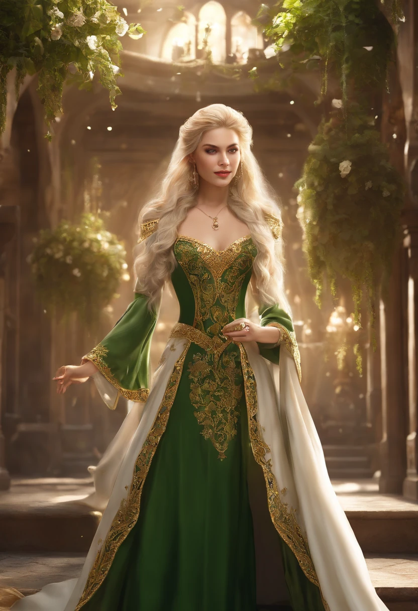 (((Masterpiece, Highest quality, High definition, High detail)))), (((fantasy))), ((Walled City)), ((Inside the inn)), (sit on chair,Look out the window))), ((People walking through the city)), One, elf woman, Short white dress,gold embroidery, Blonde hair with long straight hair, Dark green eyes, Green coat,gold embroidery, Smile, (breeze) , There are a lot of light particles floating in the room