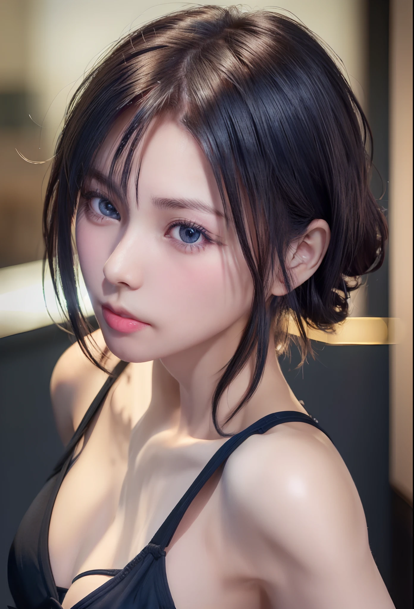 (masutepiece:1.3), (8K, Photorealistic, Raw photo, Best Quality: 1.4), (1girl in), Beautiful face, (Realistic face), (Black hair, Short hair:1.3), bikini of, Beautiful hairstyle, Realistic eyes, Beautiful detailed eyes, (Realistic skin), Beautiful skin, (Navy BL...