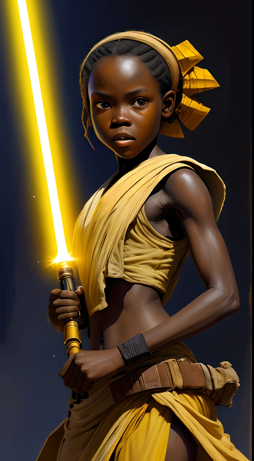 star wars jedi girl holding yellow torx light saber, in the style of impressionist colorism, childhood arcadias, art of the ivory coast, mashup of styles, subtle realism, strong contrast between light and dark, inventive character designs