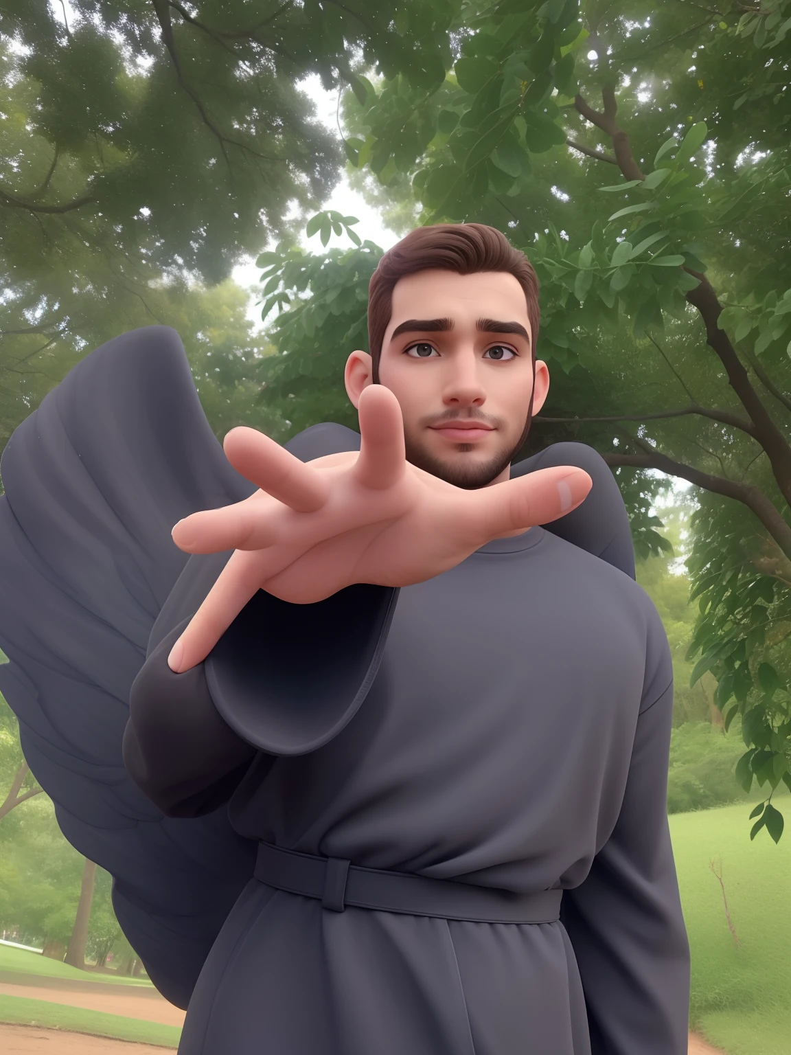 Um homem em um parque vestido de anjo ????? com grandes e lindas asas , olhos vermelhos e unhas compridas.