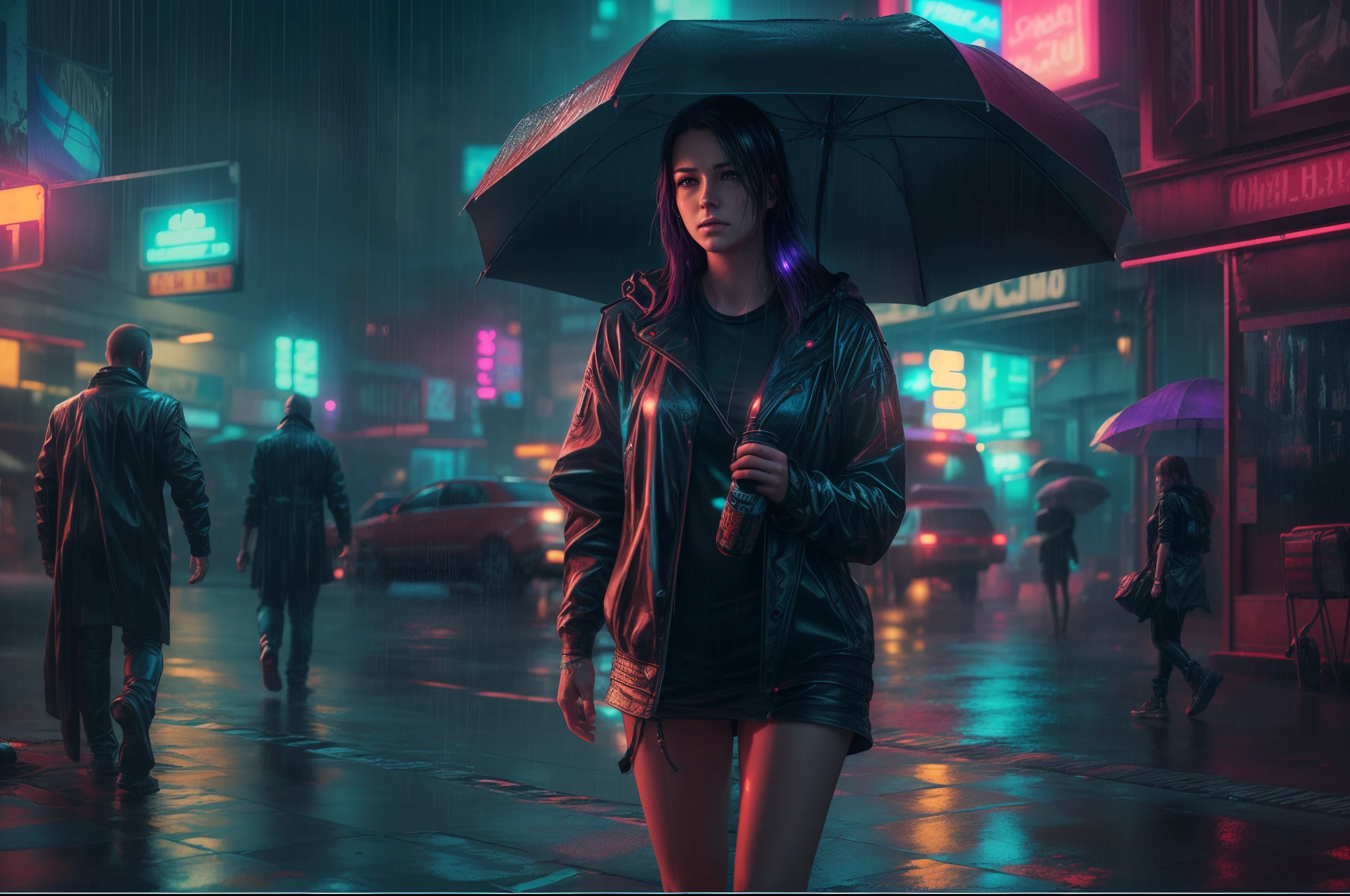(best quality,8k,highres,masterpiece:1.2),ultra-detailed,(realistic,photorealistic,photo-realistic:1.37),A midnight heavy raining,wet streets,cyberpunk neon city,glowing effects,extremely detailed portrait