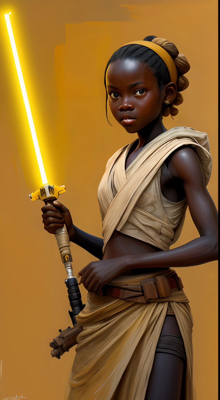 star wars jedi girl holding yellow torx light saber, in the style of impressionist colorism, childhood arcadias, art of the ivory coast, mashup of styles, subtle realism, strong contrast between light and dark, inventive character designs