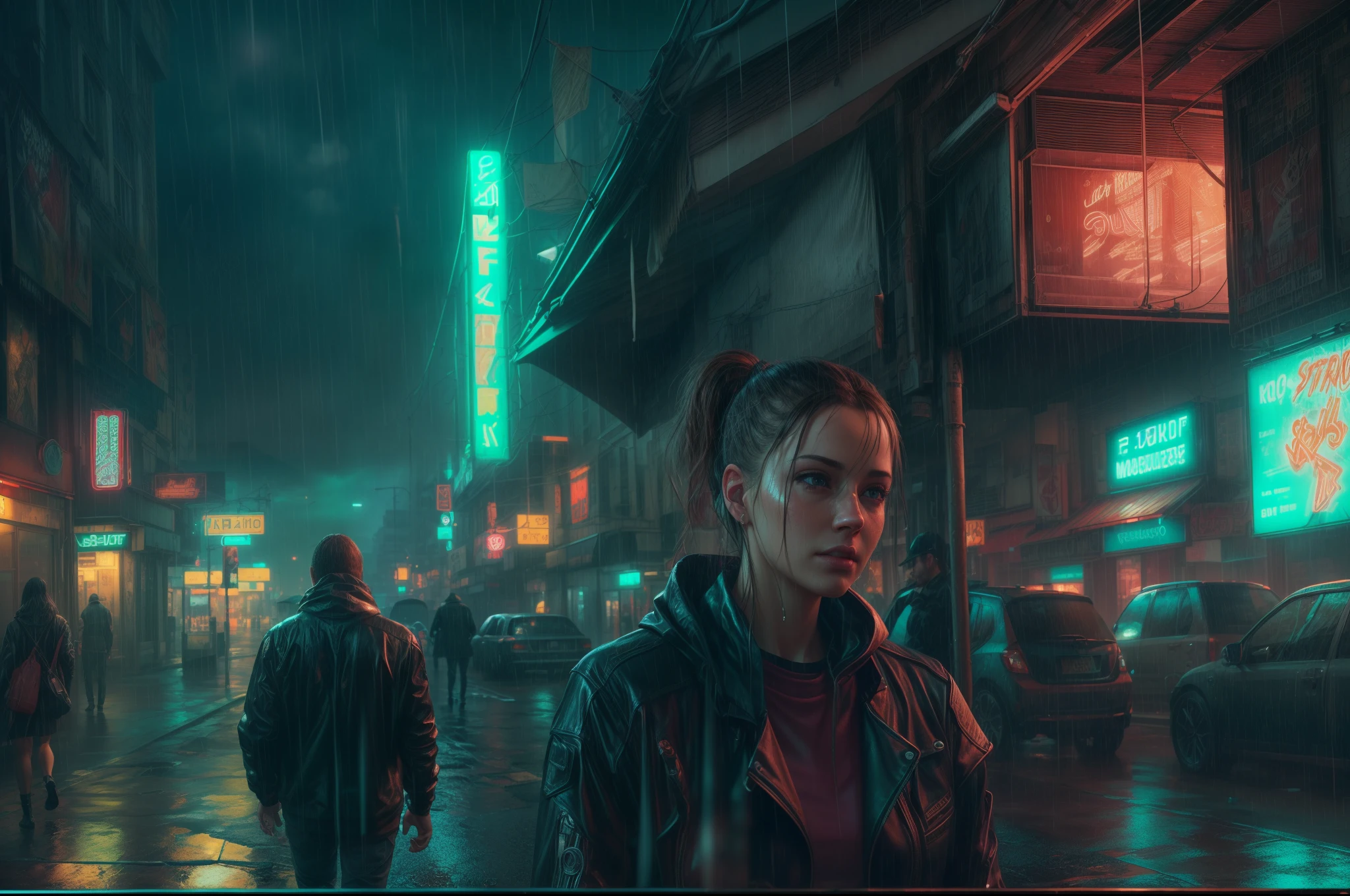 (best quality,8k,highres,masterpiece:1.2),ultra-detailed,(realistic,photorealistic,photo-realistic:1.37),A midnight heavy raining,wet streets,cyberpunk neon city,glowing effects,extremely detailed portrait