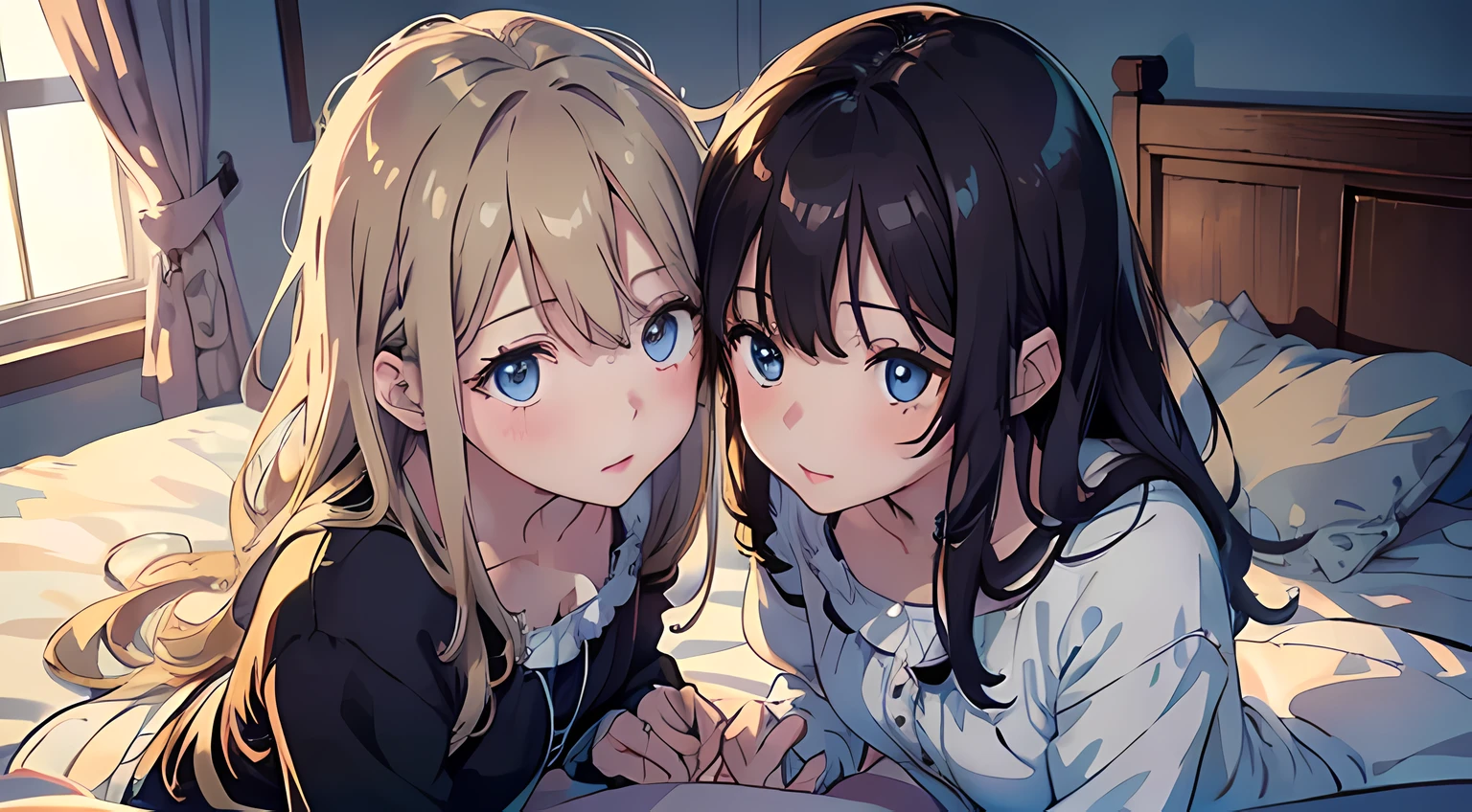 2 girls, (beautiful eyes finely detailed, detailed face, different hair lengths, different hair colors, different eye colors, different style clothes), kissing each other, sit on the bed, teasing each other, full body, blush on their face, bedroom, master piece, top-quiality, detailed, High Resolution anime illustration
