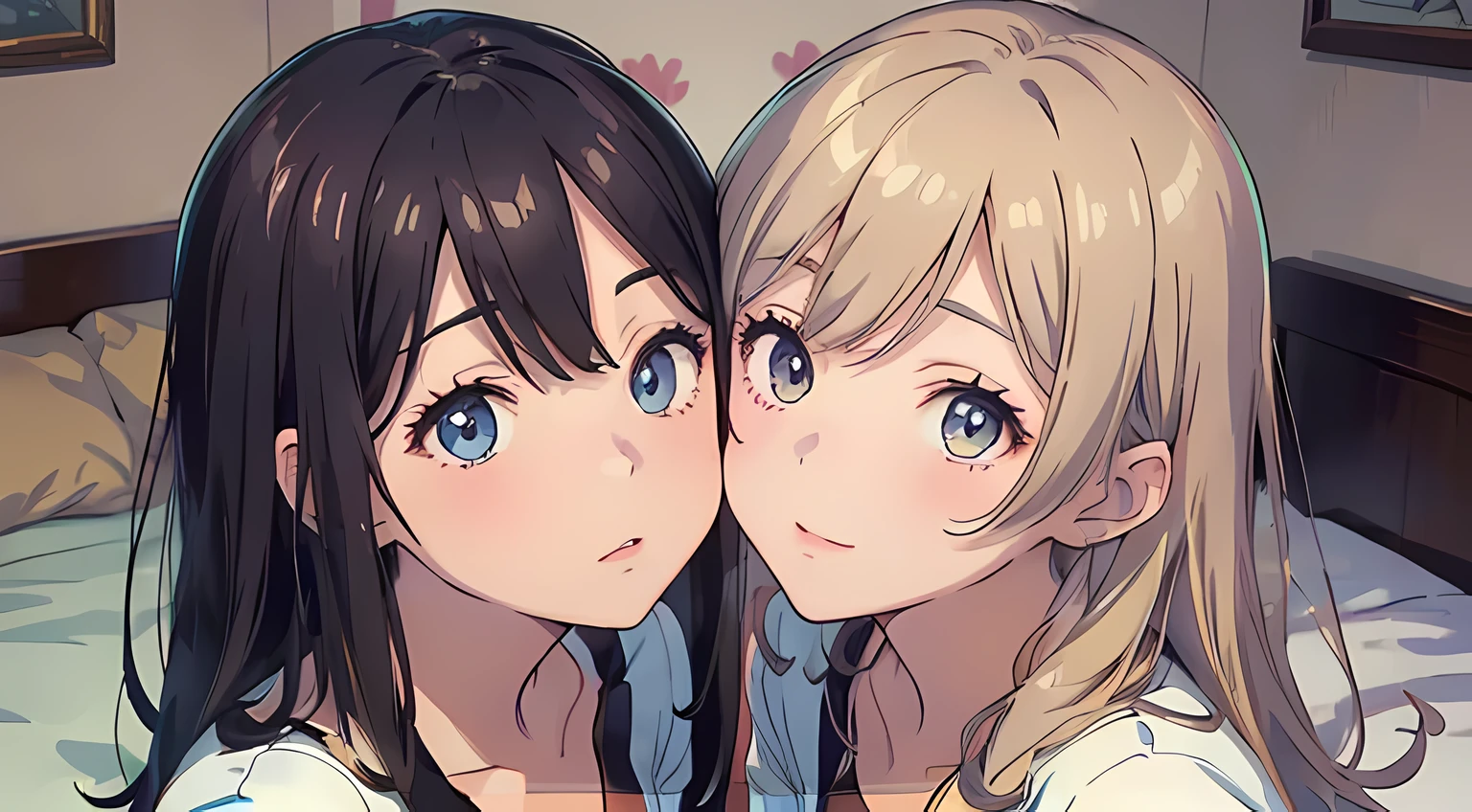 2 girls, (beautiful eyes finely detailed, detailed face, different hair lengths, different hair colors, different eye colors, different style clothes), kissing each other, sit on the bed, teasing each other, full body, blush on their face, bedroom, master piece, top-quiality, detailed, High Resolution anime illustration