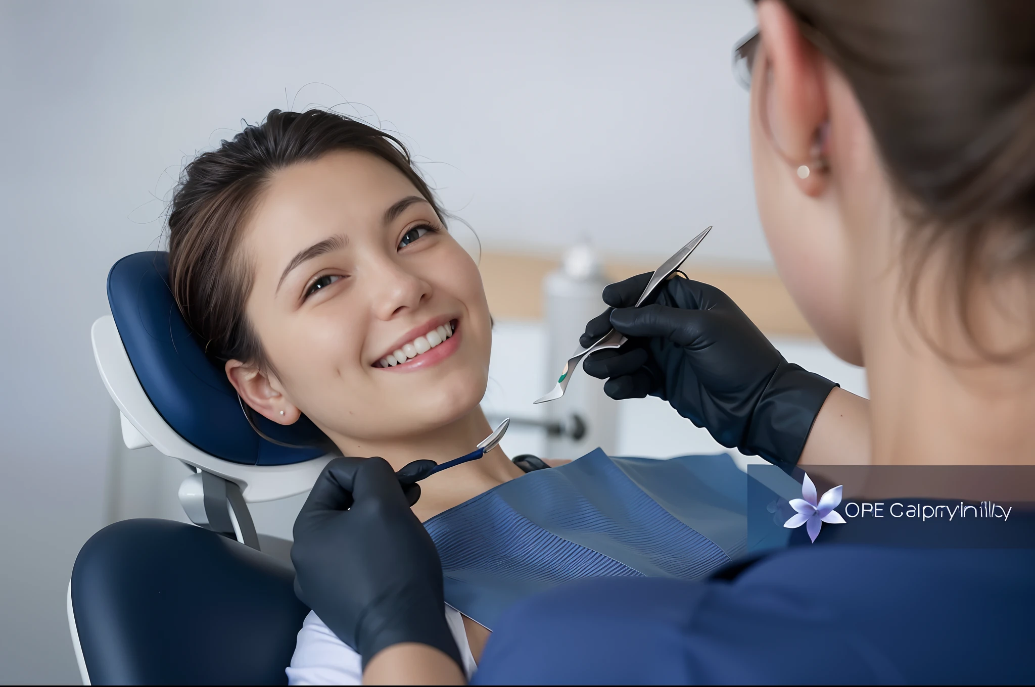 Woman in blue shirt sitting on a chair，With scissors in his mouth, Make the best smug smile, shutter inventory, dentist, welcoming smile, with a beautiful smile, Charming smile, she's smiling, with an elegant smile, and she smiling，Very happy, Medical photography, and she smiling，Very excited, she has perfect white teeths, high quality stock picture, welcoming grin