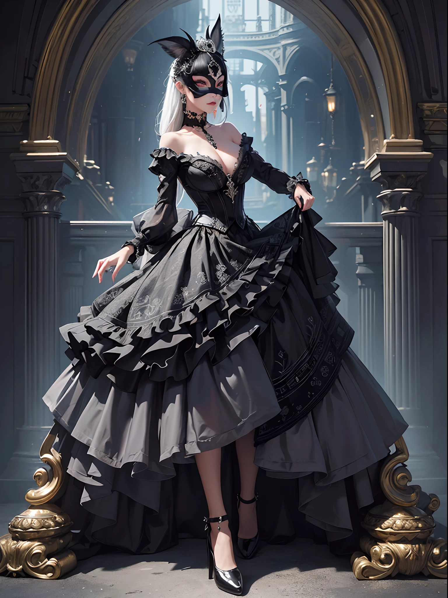 Black cat motif、Black and silver tones、Vibrant colors、((​masterpiece)))、(((top-quality)))、((ultra-detailliert))、(A hyper-realistic)、(highly detailed CGillustration）、Official art、London in the second half of the 19th century、Decadent、Madame Chat Noir、Masquerade、Elegance、Masks that cover most of the face、Colorful and detailed mask design、matchless beauty、Fans、Female Solo、gorgeous dress、jewely、Perfect Angle、→ orientation、perfect-composition、full body Esbian