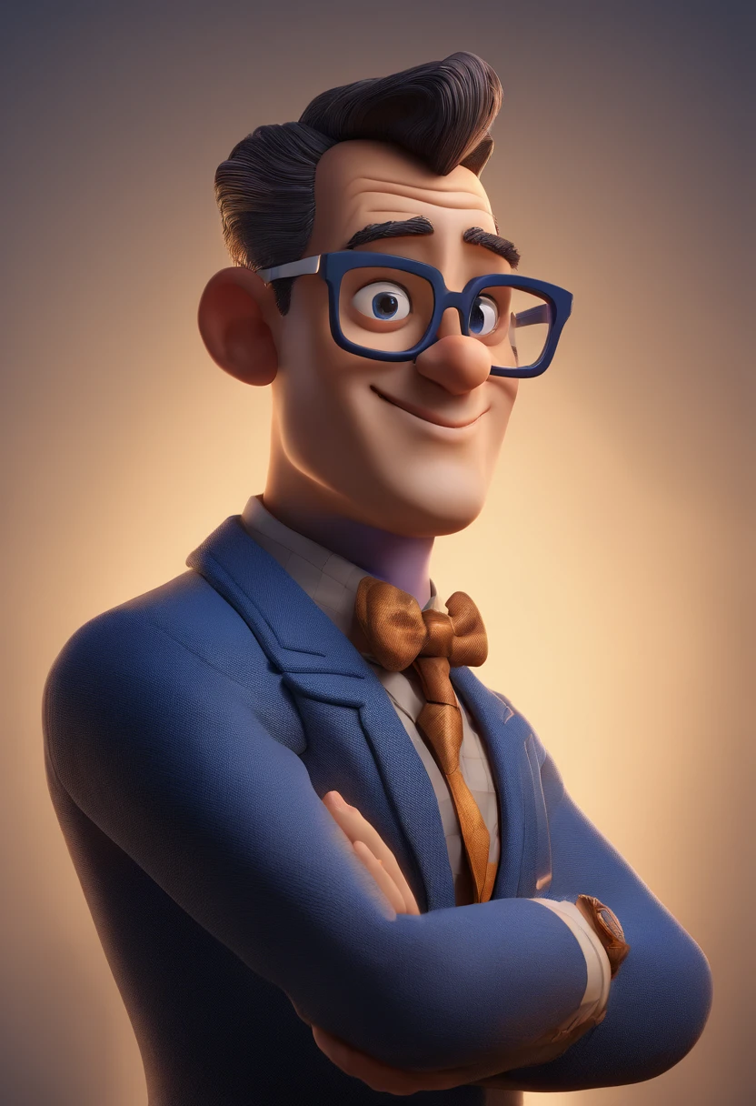 Cartoon character of a man with black glasses and a blue shirt, animation character, Caractere estilizado, animation style rendering, 3D estilizado, Arnold Maya render, 3 d render stylized, toon render keyshot, Personagem 3D, Personagem 3D, 3d rendering stylized, 3 d character render, personagem de desenho animado, Personagem de close up, Pose de personagem,  (Estilo Pixar) (master part:1.2) (Bokeh) (best quality) (pele detalhada) (textura detalhada) (8k) (argila) (Cinematic lighting) (foco nítido