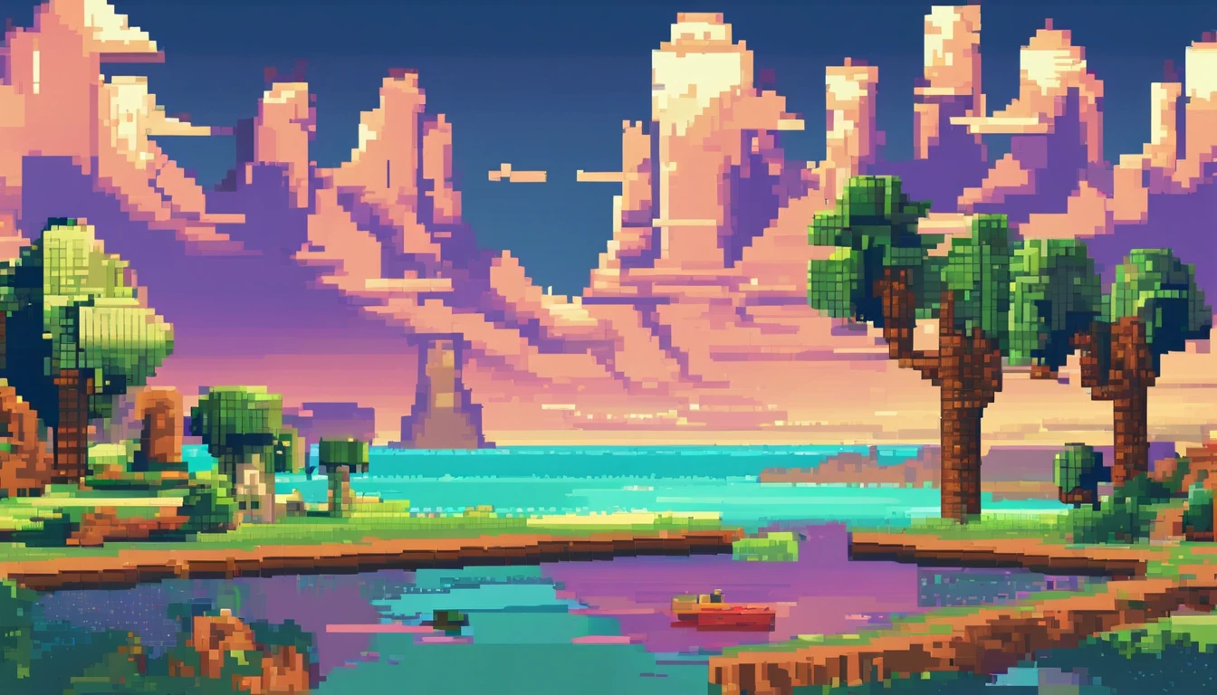Pixel art tourism destination landscape. Evening. 3D pixel art 4K wallpaper. Incredible pixel art detail. Pixel art. Steam waves. Detailed Unreal Engine pixel art