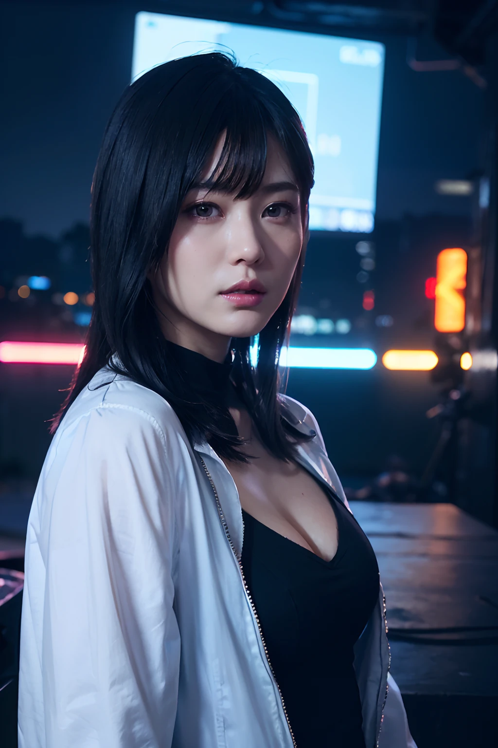Full portrait from head to waist、Soft natural light、Cool Student Models:smooth soft skin、Symmetrical、natural skin textures、Soft lighting、Cyberpunk Fashion、A detailed face、photorealisim、Shimmering soft pastel colors、Look into the camera、Photorealistic painting、foco nítido、8K、perfect-composition、ArtStation Trends、awardwinning photo、unrealengine5、Cinematic Smooth, Intricate details、studio photo、ighly detailed。simple background。Dark green hair、Neon light、Glittering night view、World of Cyberpunk、Cool、(Clothes that glow like neon)、(I can see a little cleavage)、(Cyberpunk-style clothing)