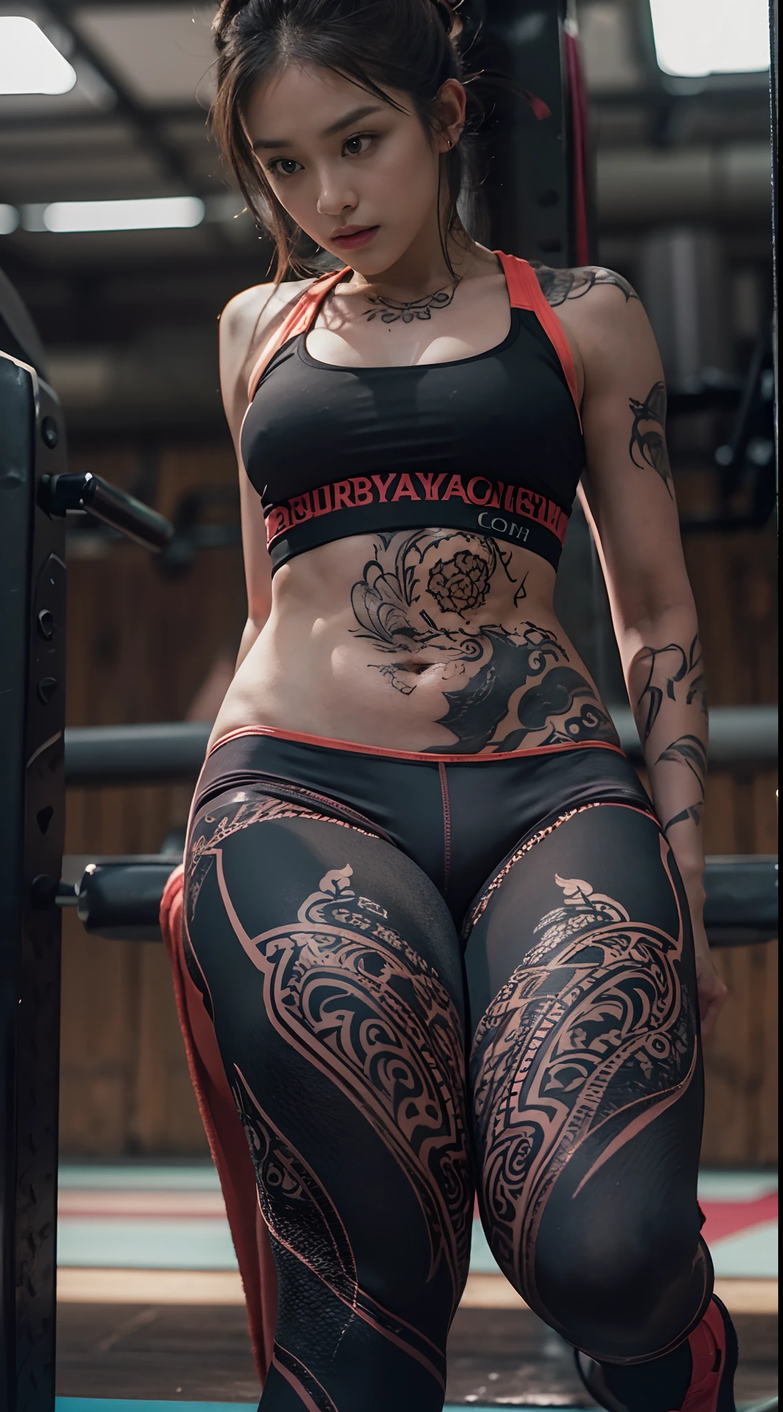 (best quality) Detailed sportswear girl, sitting on the gym floor, spread legs, wearing an intricate leggings and sports bra, highlighting the slight abs, while the chest tattoo adds a cinematic touch to the scene amidst the black tattoo, and cinematic lighting perfects the overall ambiance.