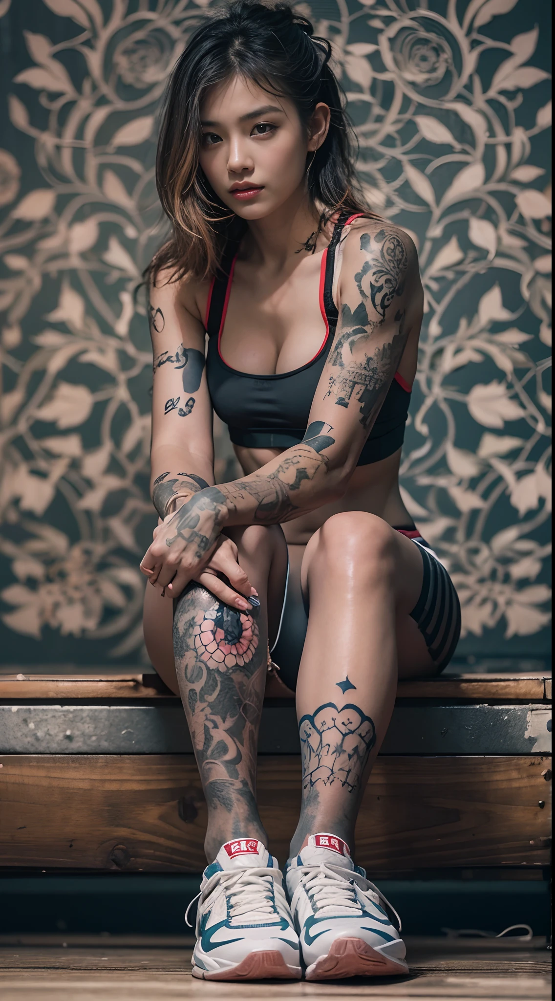 (best quality) Detailed sportswear girl, sitting on the gym floor, spread legs, wearing an intricate leggings and sports bra, highlighting the slight abs, while the chest tattoo adds a cinematic touch to the scene amidst the black tattoo, and cinematic lighting perfects the overall ambiance.