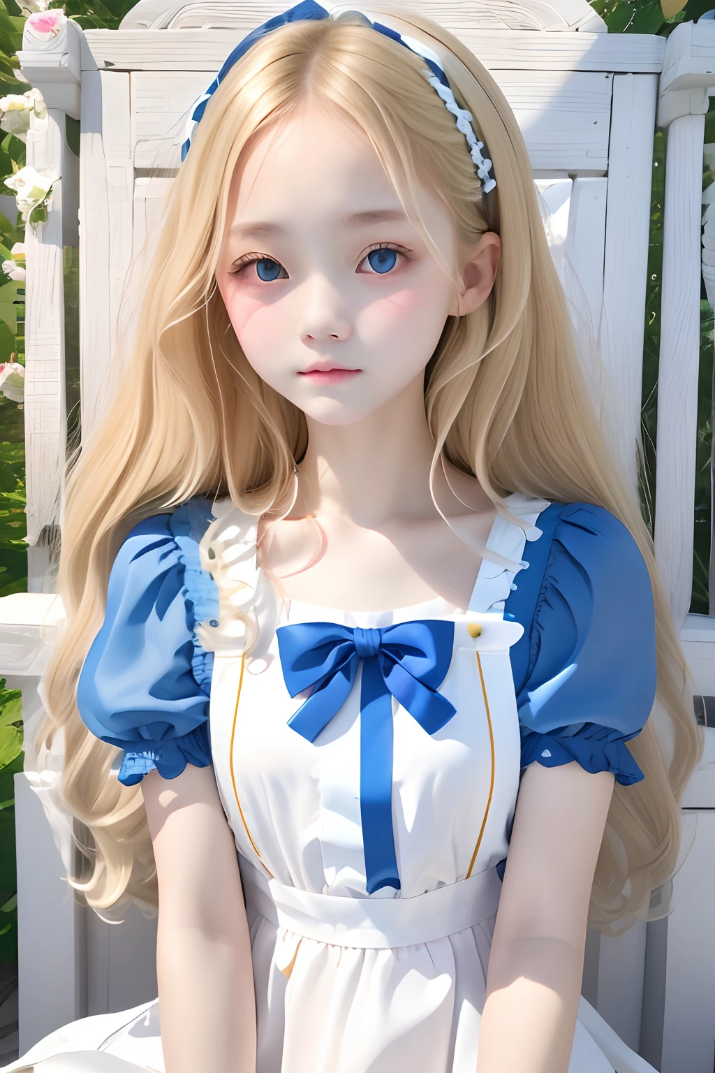best quality, ultra highres, photoreaslistic, a photography of a cute girl, detailed face, (PureErosFace_V1:0.008), Alice in Wonderland, yo, blonde wavy hair, white apron, blue dress, playing card pattern background, no make-up