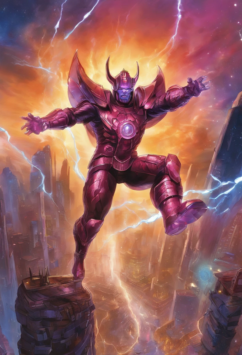 Marvel hero Galactus，The huge Galactus reaches out and grabs you, milky ways, Marvel's dark supervillain Galactus wears a mechanical costume，celestial armor，glittery, The sky was surrounded by lightning, The God of Darkness sits on Tron, full portrait of electromancer, Galactus from Marvel, psionic, Raziel，inspired by Joe Jusko, mark brooks detailed, Asgard German, mœbius + Art germ，overlooks，Look from the bottom up，mini city，Small building