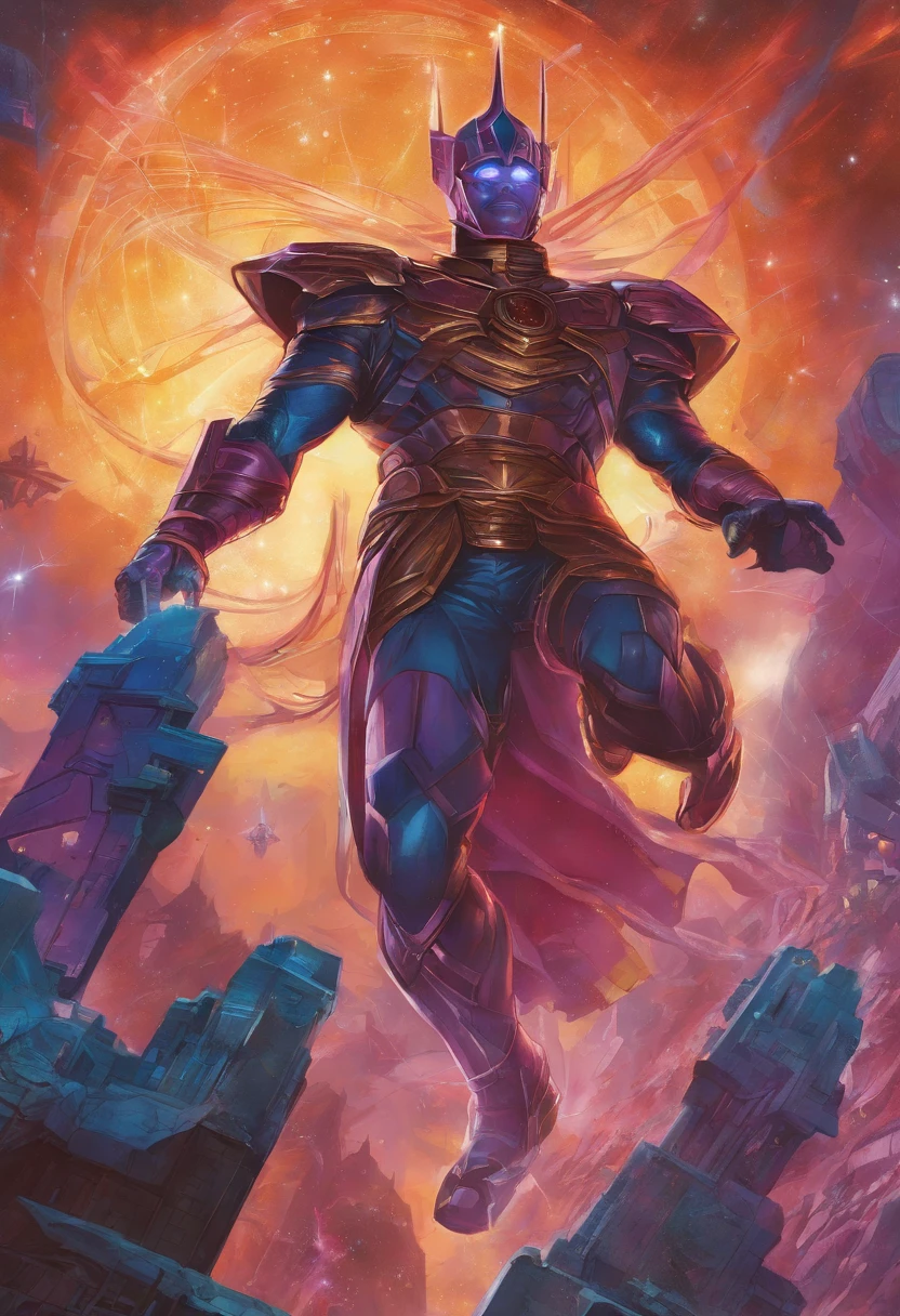 Marvel hero Galactus,The huge Galactus reaches out and grabs you, milky ways, Marvel's dark supervillain Galactus wears a mechanical costume,celestial armor,glittery, The sky was surrounded by lightning, The God of Darkness sits on Tron, full portrait of electromancer, Galactus from Marvel, psionic, Raziel,inspired by Joe Jusko, mark brooks detailed, Asgard German, mœbius + Art germ,overlooks,Look from the bottom up,mini city,Small building