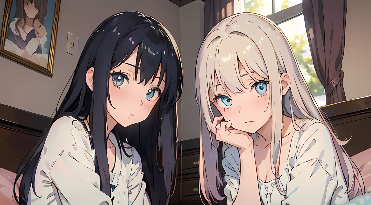 2 girls, (beautiful eyes finely detailed, detailed face, different hair lengths, different hair colors, different eye colors), wearing different style outfit, sit on the bed, full body, teasing facial expression, looking at the camera, blush on their face, bedroom, master piece, noon time, top-quiality, detailed, High Resolution anime illustration