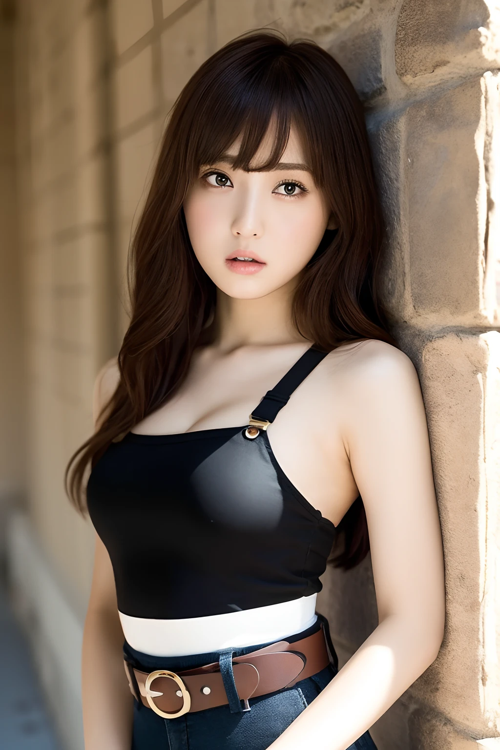 masterpiece、flat-colors、depth of fields、lens flare 1 girl、、Brown hair、watching at viewers a belt black suspenders Puffy breasts Armpit sweat perspiring Side of both hands walls: Black pants, Gaze Small face Bangs Upper Eyes flank
