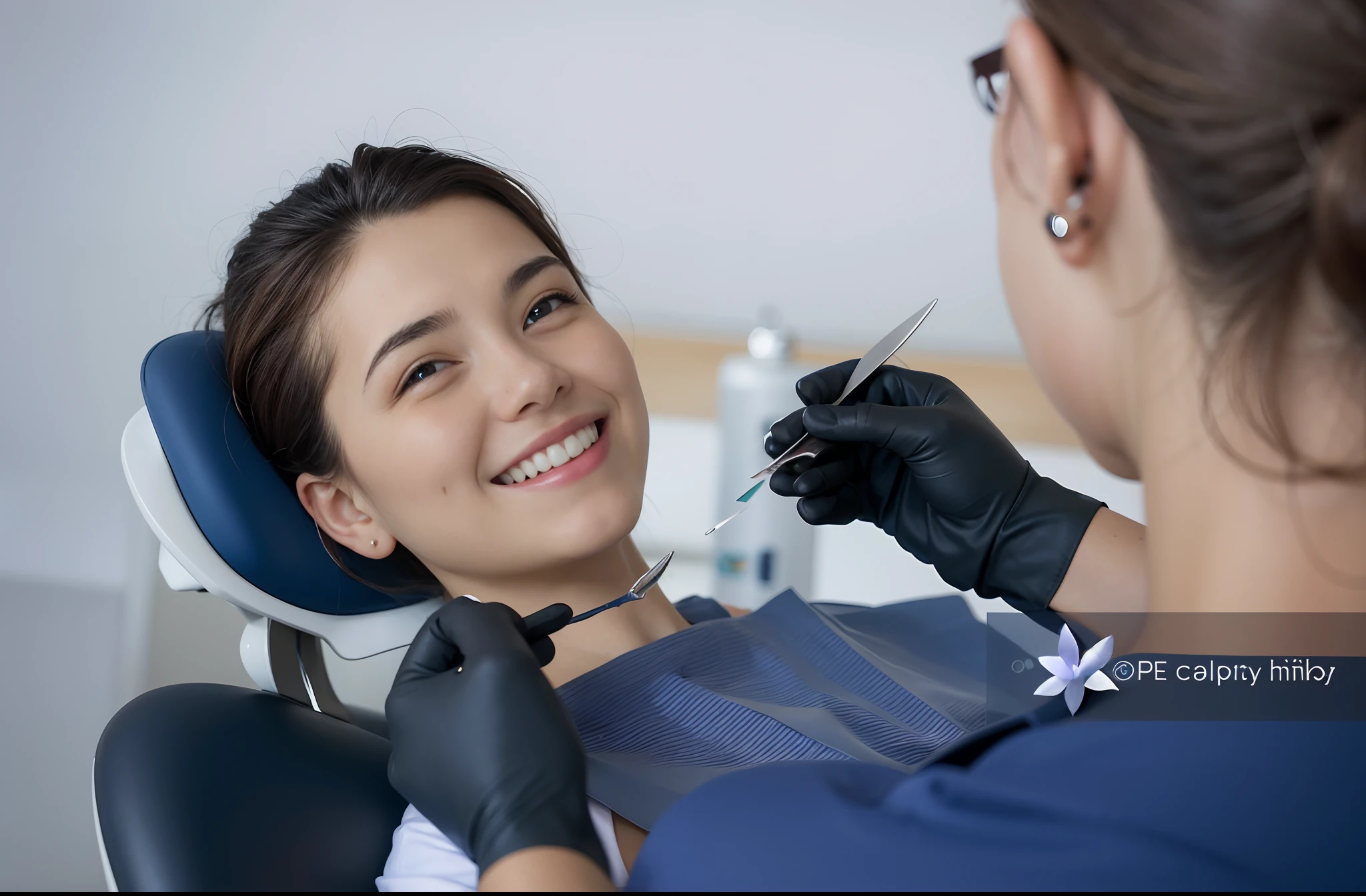 Woman in blue shirt sitting on a chair,With scissors in his mouth, Make the best smug smile, shutter inventory, dentist, welcoming smile, with a beautiful smile, Charming smile, she's smiling, with an elegant smile, and she smiling,Very happy, Medical photography, and she smiling,Very excited, she has perfect white teeths, high quality stock picture, welcoming grin