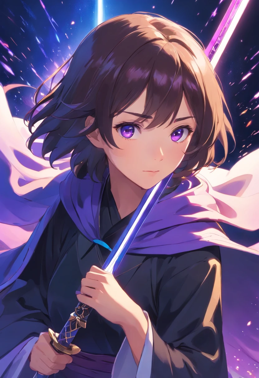 A brunette and The left eye is purple.The right eye is blue.of young people，Dressed in black，Draped in a white cloak with blue details，Holding a pure black sword in his hand