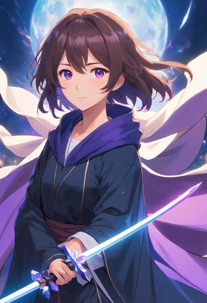 A brunette and The left eye is purple.The right eye is blue.of young people，Dressed in black，Draped in a white cloak with blue details，Holding a pure black sword in his hand
