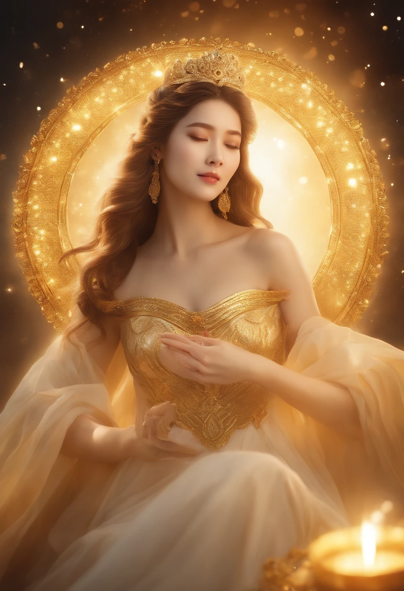 Freyer, the goddess of gold, A majestic goddess of love and magic, Her hands shone with mysterious power.Her hands shone with a warm and charming light.Her presence is a light of hope and joy.Her golden aura is、This is a shining golden halo of love and protection.Meteor brilliance、Golden moonlight、Beautiful Finger、A heart-shaped halo at your fingertips、
