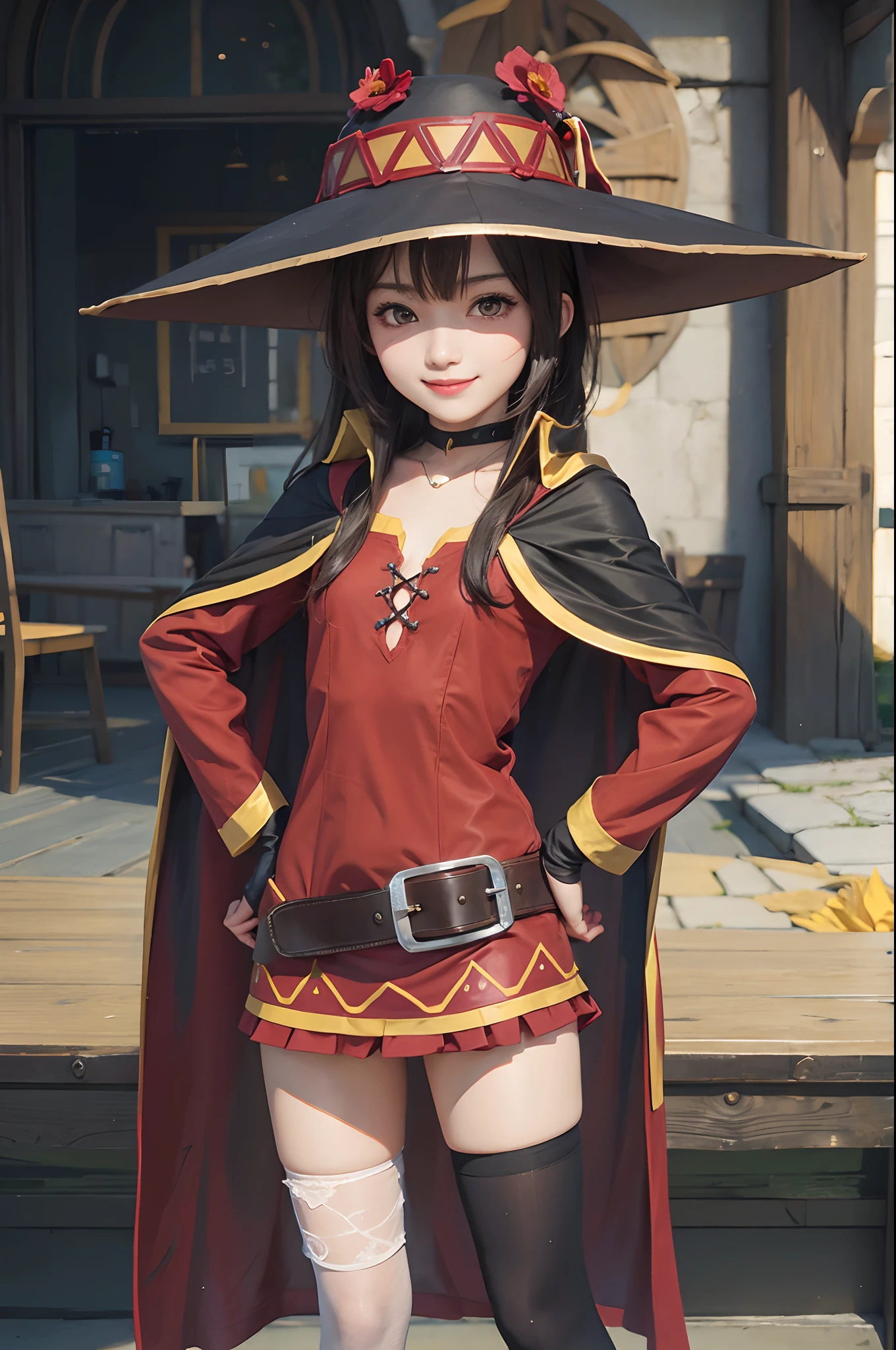 (masterpiece, best quality), 1girl,   <lora:megumin:1> megumin, short hair, dress, red dress, hat, witch hat, belt