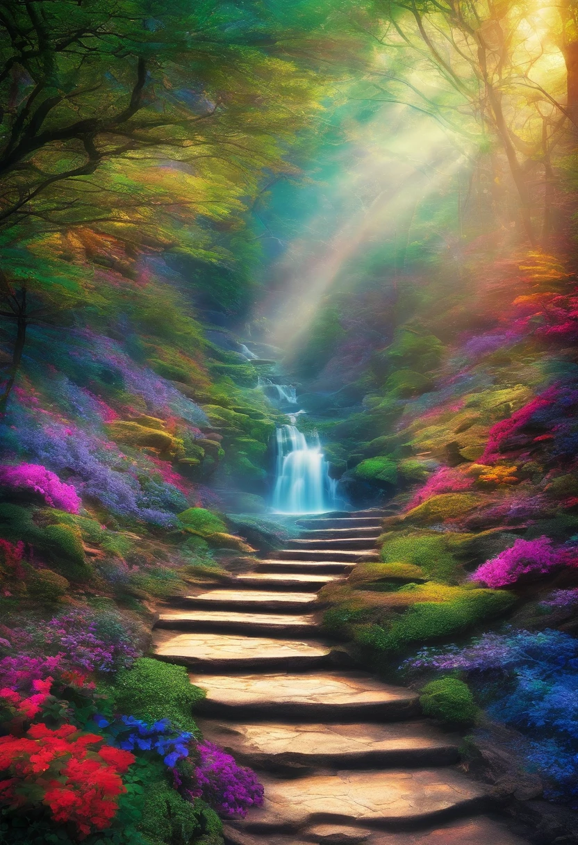 Photo taken from a distance on the path leading to the waterfall, blossoming path to heaven, Beautiful and mysterious, Beautiful fece, Beautiful images ever created, magical landscape, Glowing swirling mist, Truly beautiful nature, magical colors and atmosphere, Very beautifully、Ethereal, course, magical colors and atmosphere, very magical and dreamy, stairway to heaven, amazing wallpapers
