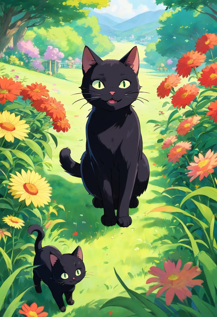 black cat with long tail, I eat breakfast, Tropical Garden, Distant home. blue sky,Like in Makoto Shinkai's movies、