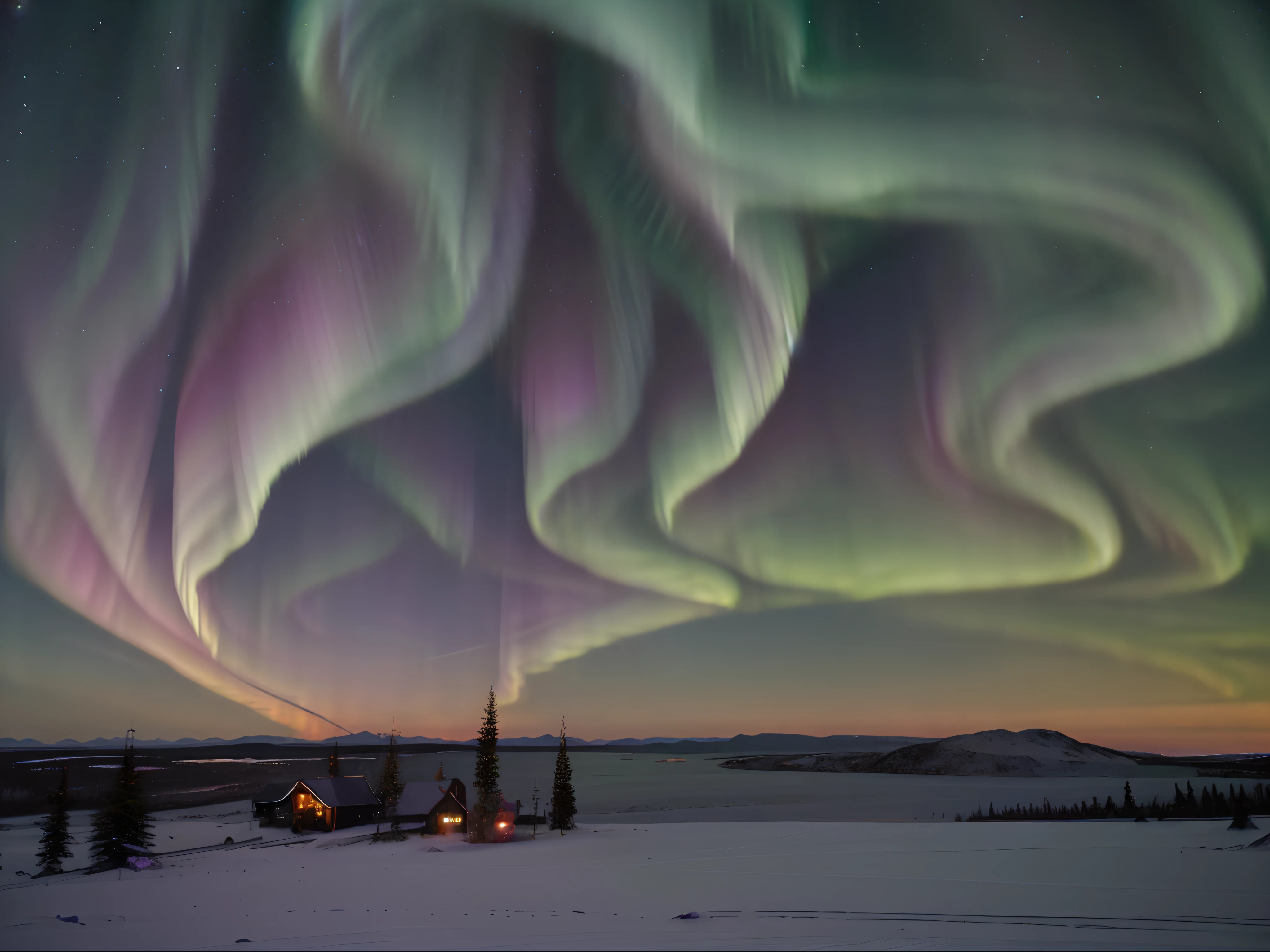 Northern Lights: Ethereal ribbons of color dance across the night sky in an otherworldly display of greens, pinks, and purples.