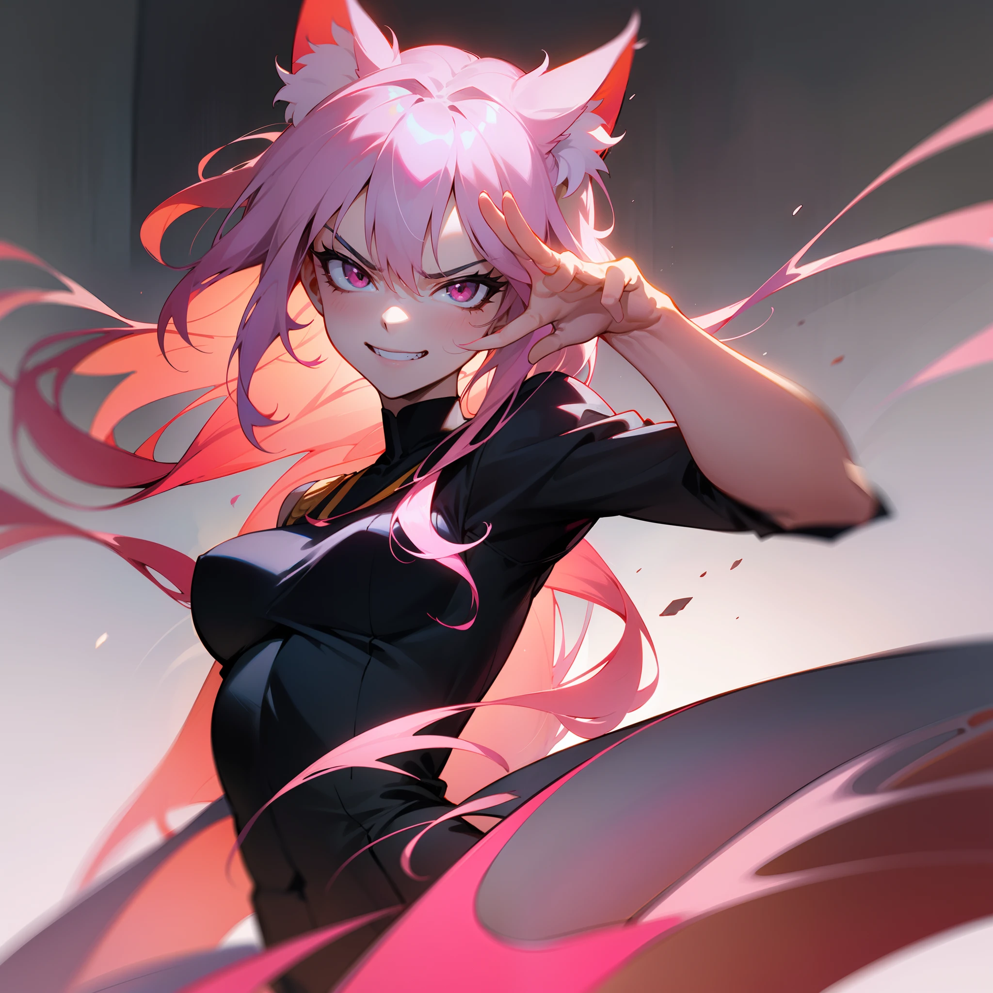 a handsome female,delicate facial features,long pink hair,pink cat ears,pink eyes, K HD,higly detailed,hiquality,Good atmosphere,Delicatessen,CG рендеринг,Detailed rendering,(Subtle facial image)(Image of fine hair)(topquality)(Masterpieces of masters)(High degree of completeness)(A sense of atmosphere), Cartoon drawing of a woman with long hair and a black top, badass pose, Dramatic smirk pose, attractive matoi ryuko, evil pose, ryuko matoi, sinister pose, Daring pose, scary angry pose, sultry grin, thights!!!!!!, villain pose, thights!!!, oc commission, Performing a daring pose, passionate pose,