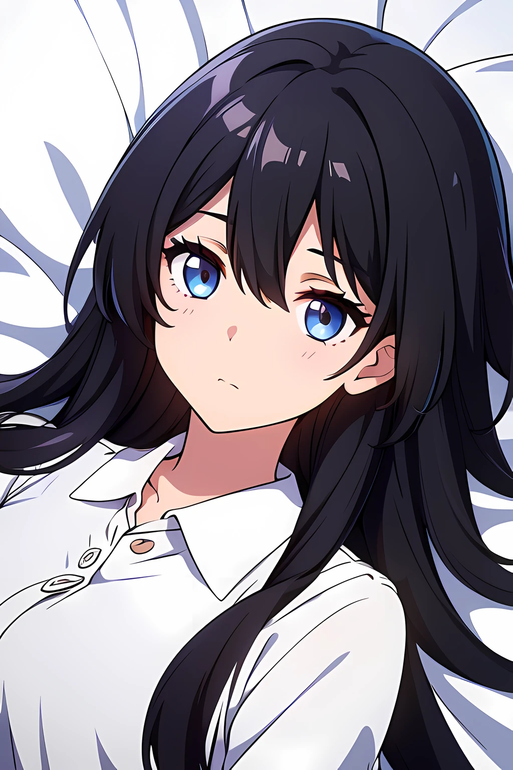 (1girl in),(beautiful eyes finely detailed, Face to detail, black hair, long hair), wearing long white shirt, lying down her back in bed, and shy facial expression, looking at viewers, camera angle from front, full body, masterpiece sidelighting, ​masterpiece, top-quality, detailed, High resolution illustration