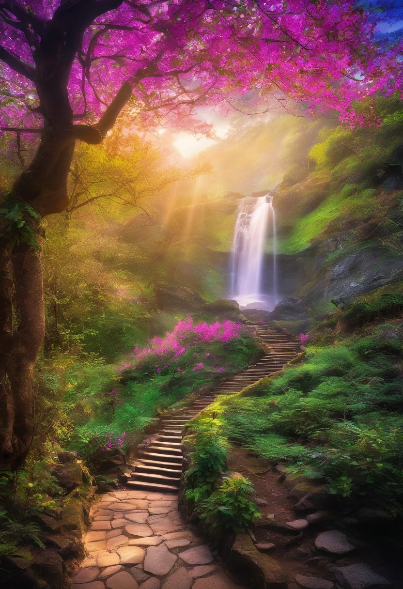 Photo taken from a distance on the path leading to the waterfall, blossoming path to heaven, Beautiful and mysterious, Beautiful fece, Beautiful images ever created, magical landscape, Glowing swirling mist, Truly beautiful nature, magical colors and atmosphere, Very beautifully、Ethereal, course, magical colors and atmosphere, very magical and dreamy, stairway to heaven, amazing wallpapers