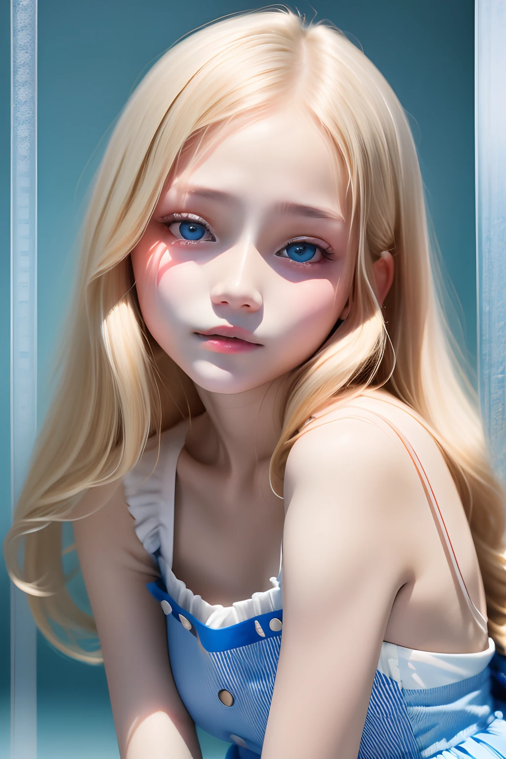 best quality, ultra highres, photoreaslistic, a photography of a cute girl, detailed face, (PureErosFace_V1:0.008), Alice in Wonderland, yo, blonde wavy hair, white apron, blue dress, playing card pattern background, no make-up