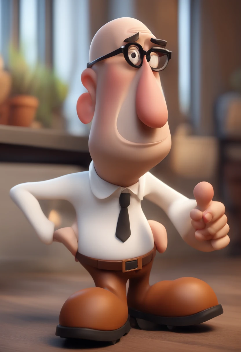 Cartoon character of a bald man with black glasses and a white shirt, animation character, Caractere estilizado, animation style rendering, 3D estilizado, Arnold Maya render, 3 d render stylized, toon render keyshot, Personagem 3D, Personagem 3D, 3d rendering stylized, 3 d character render, personagem de desenho animado, Personagem de close up, Pose de personagem, (Estilo Pixar) (master part:1.2) (Bokeh) (best quality) (pele detalhada) (textura detalhada) (8k) (argila) (Cinematic lighting) (foco nítido